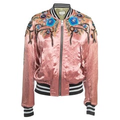 Gucci Pink Floral Sequin Embroidered Satin Bomber Jacket M