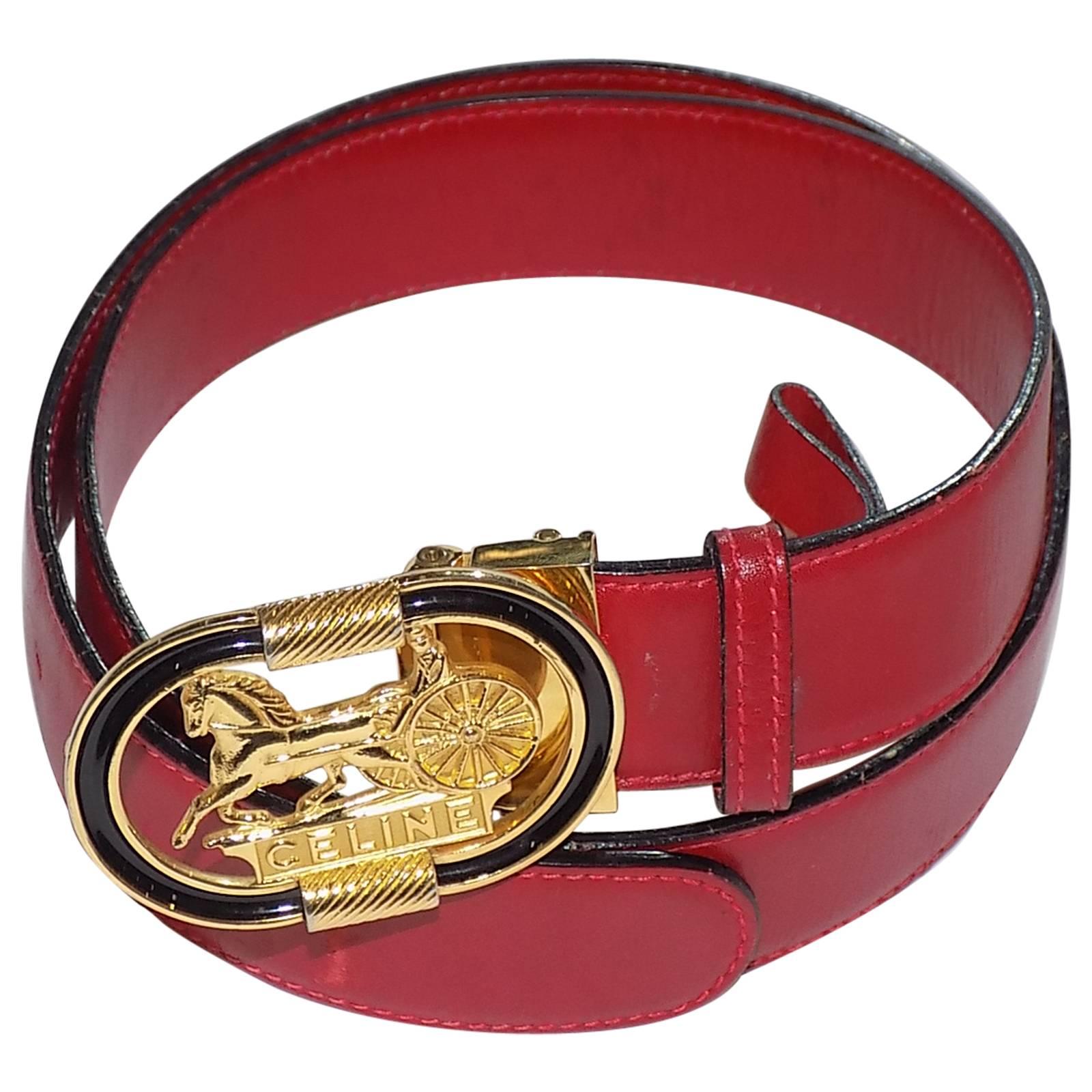 Celine Vintage red Belt with oval horse carriage buckle For Sale