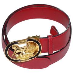 Celine Vintage red Belt with oval horse carriage buckle