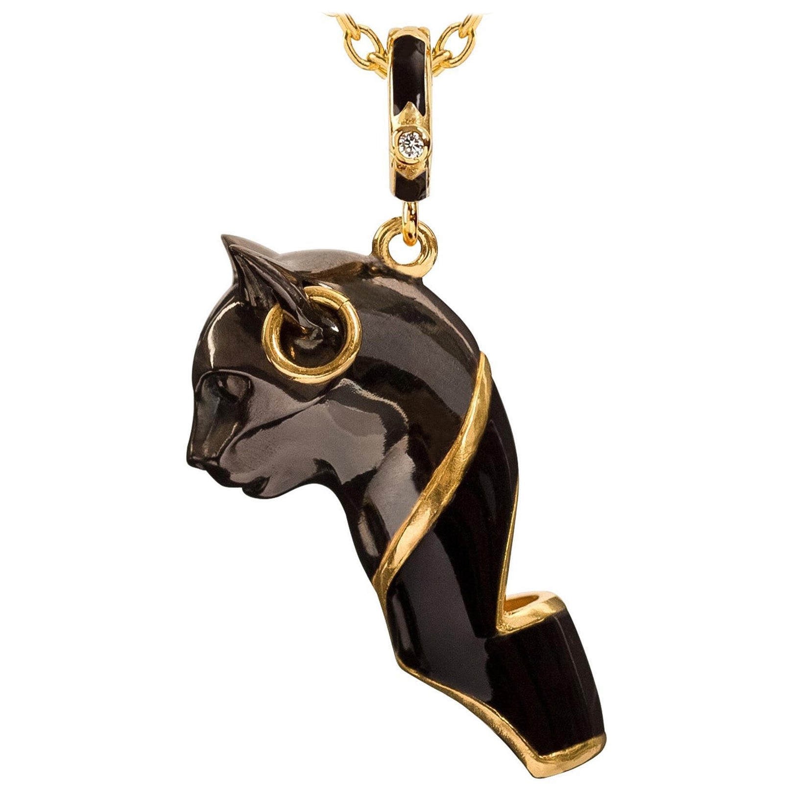 Naimah Cat Whistle Pendant Bastet Necklace, Black Enamel For Sale