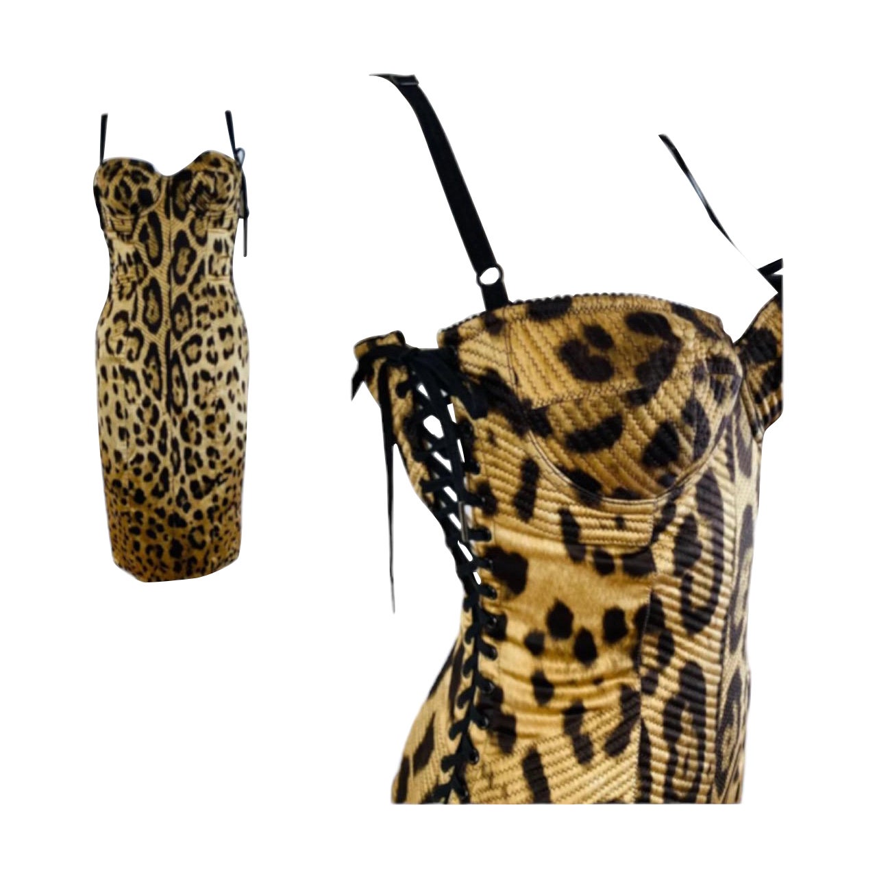 Gorgeous vintage Dolce + Gabbana corset style dress
Iconic Dolce + Gabbana leopard print silk + elastane fabric
Quilted details on bust + bodice
Bustier bra style bust with fitted bust cups
Thin adjustable shoulder straps
Fitted bodice with side