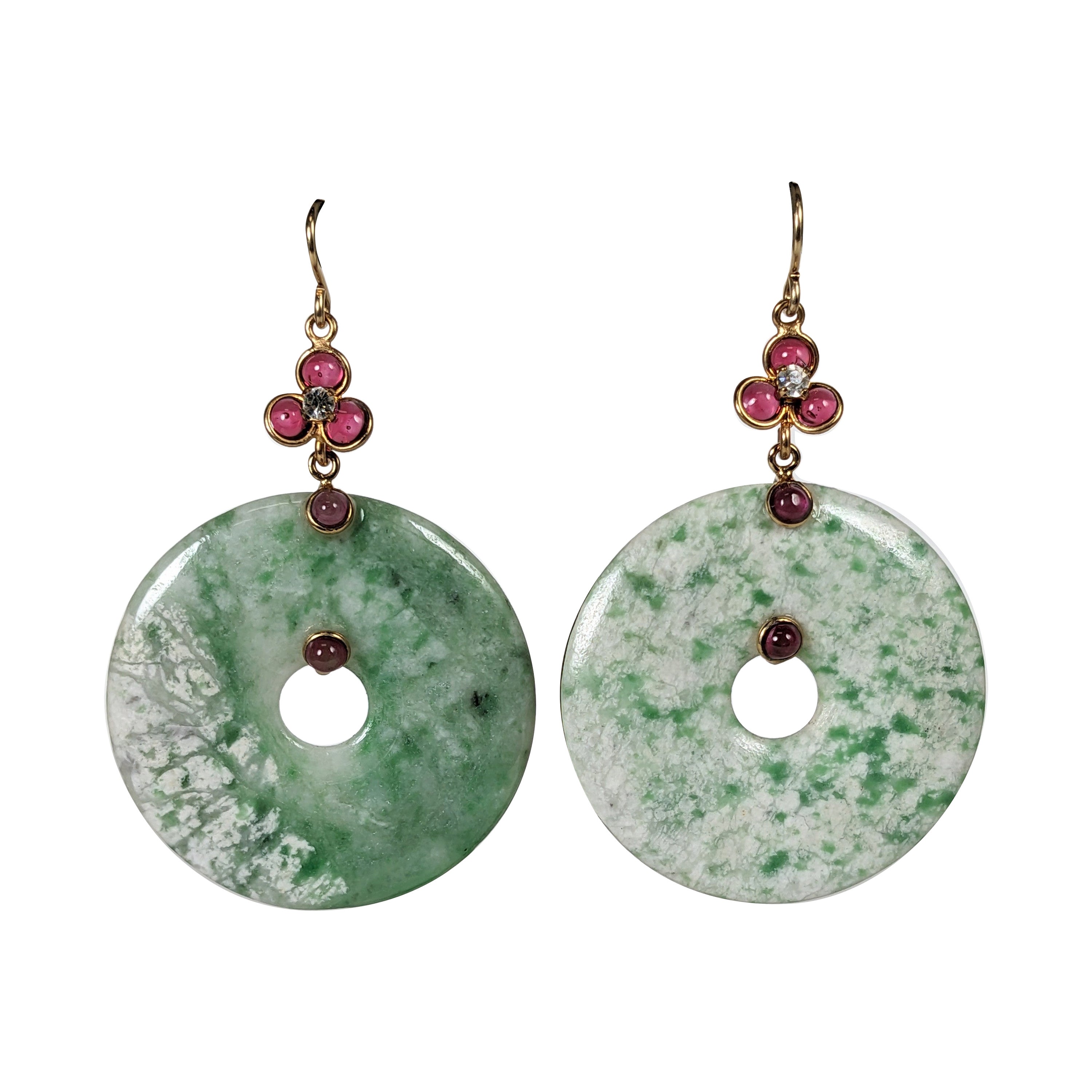Boucles d'oreilles bi-disques en verre coulé rubis et quartz jade, MWLC en vente