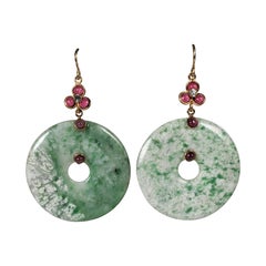 Ruby Poured Glass and Jade Quartz Bi Disc Earrings, MWLC