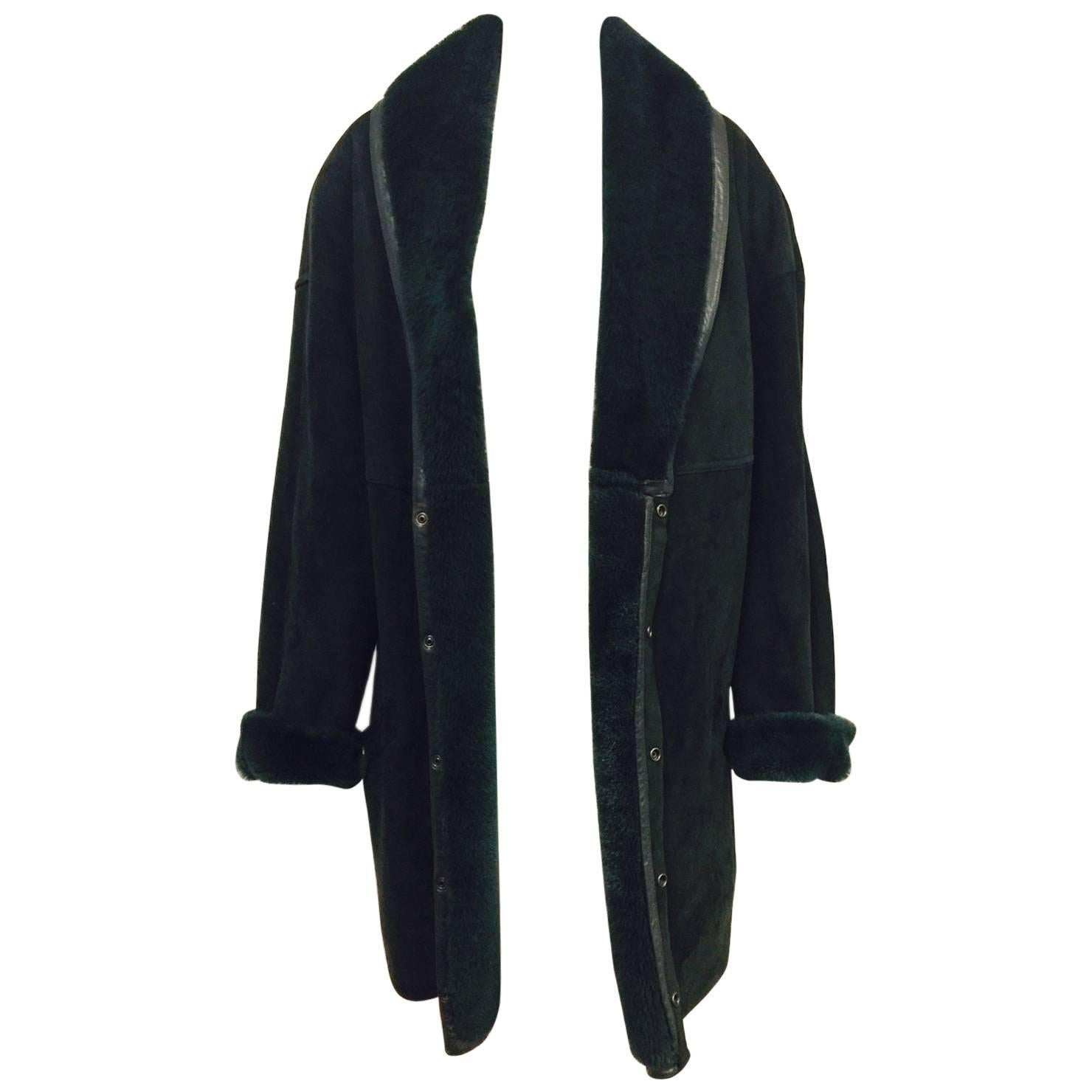 Gianni Versace Deep Forest Green Shearling Coat With Shawl Collar  For Sale