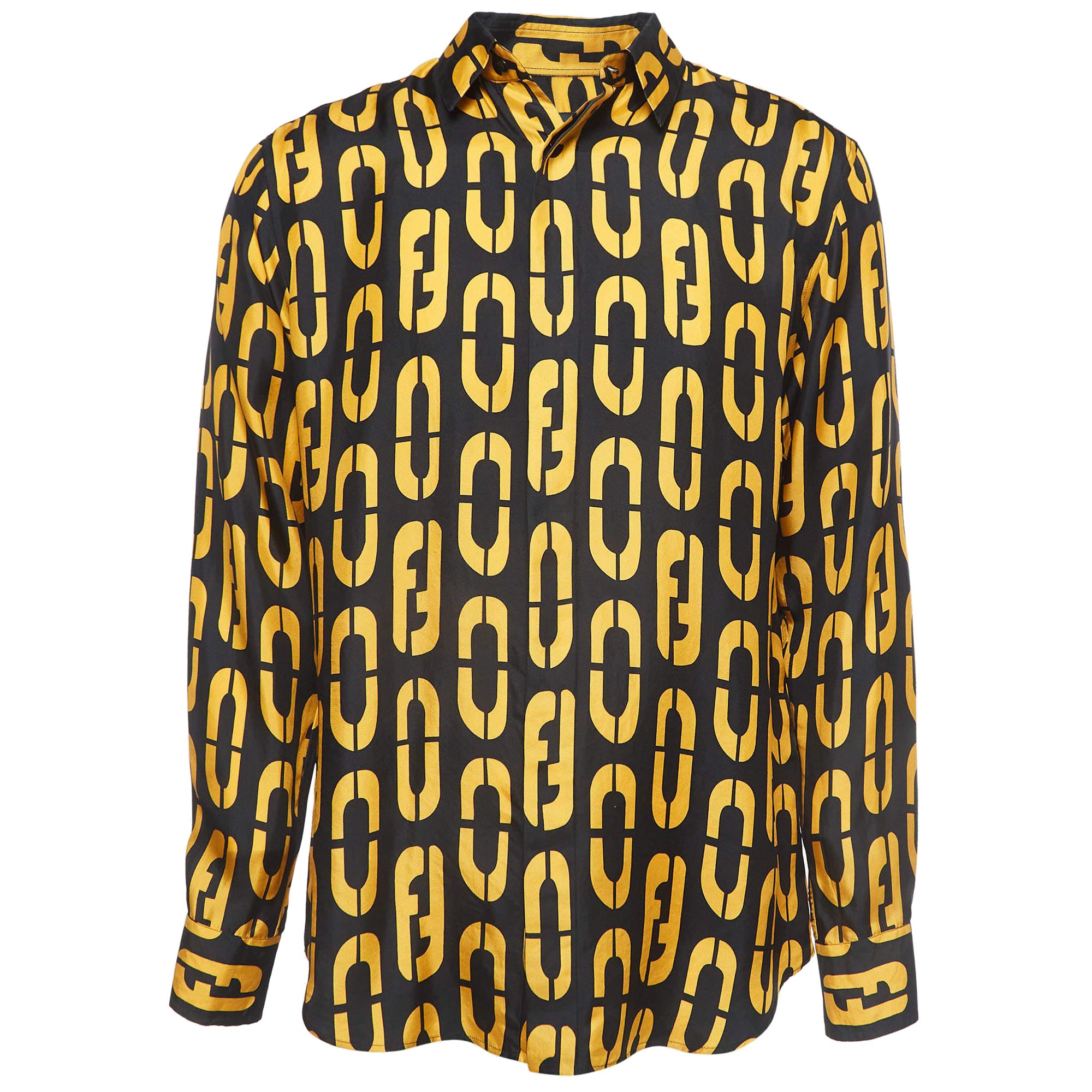 Fendi Black/Yellow Logo Print Silk Full Sleeve Shirt L