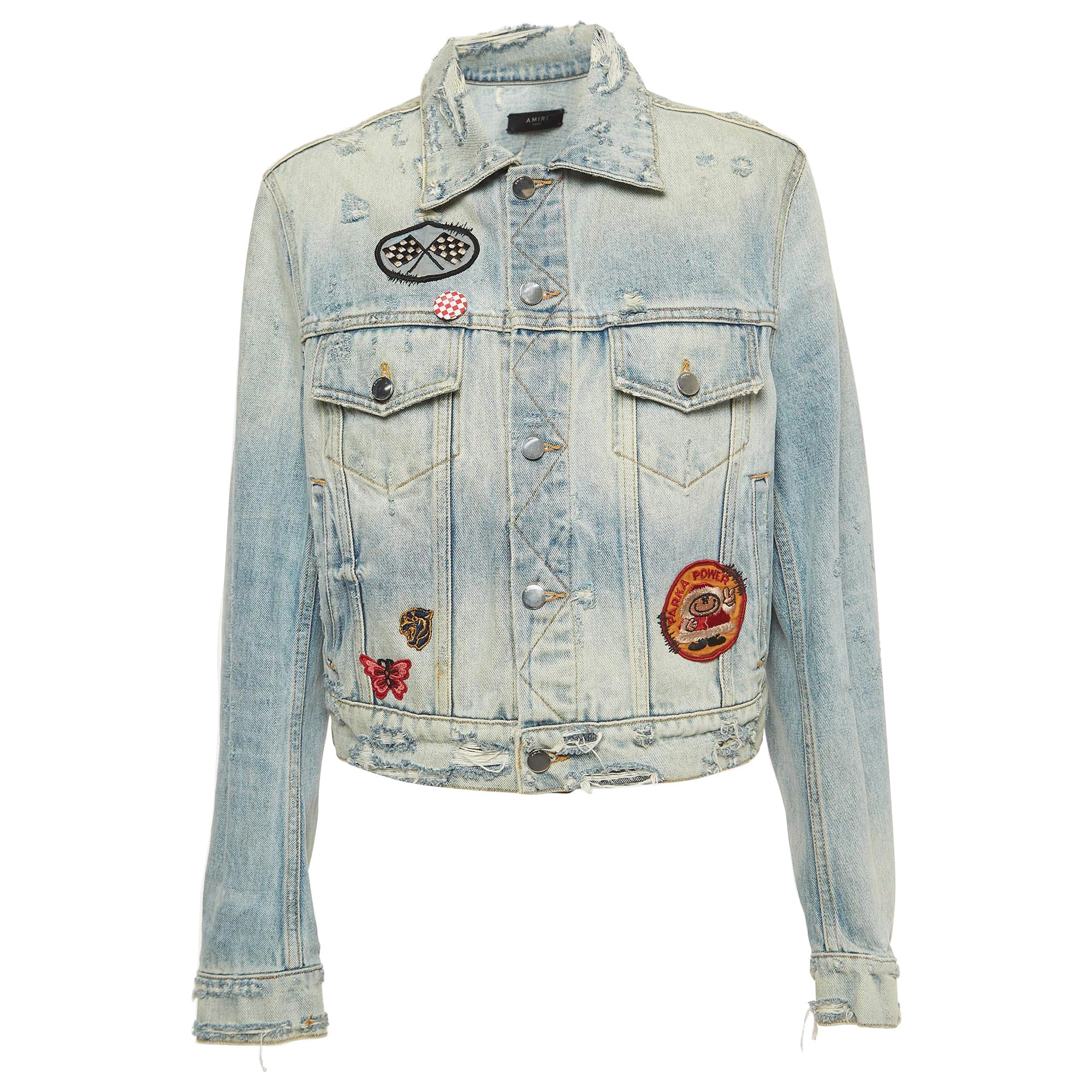 Amiri Blue Washed Distressed Patch Detail Buttoned Jacket XS For Sale