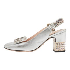 Gucci Silver G Embellished Leather Madelyn Slingback Pumps Size 37