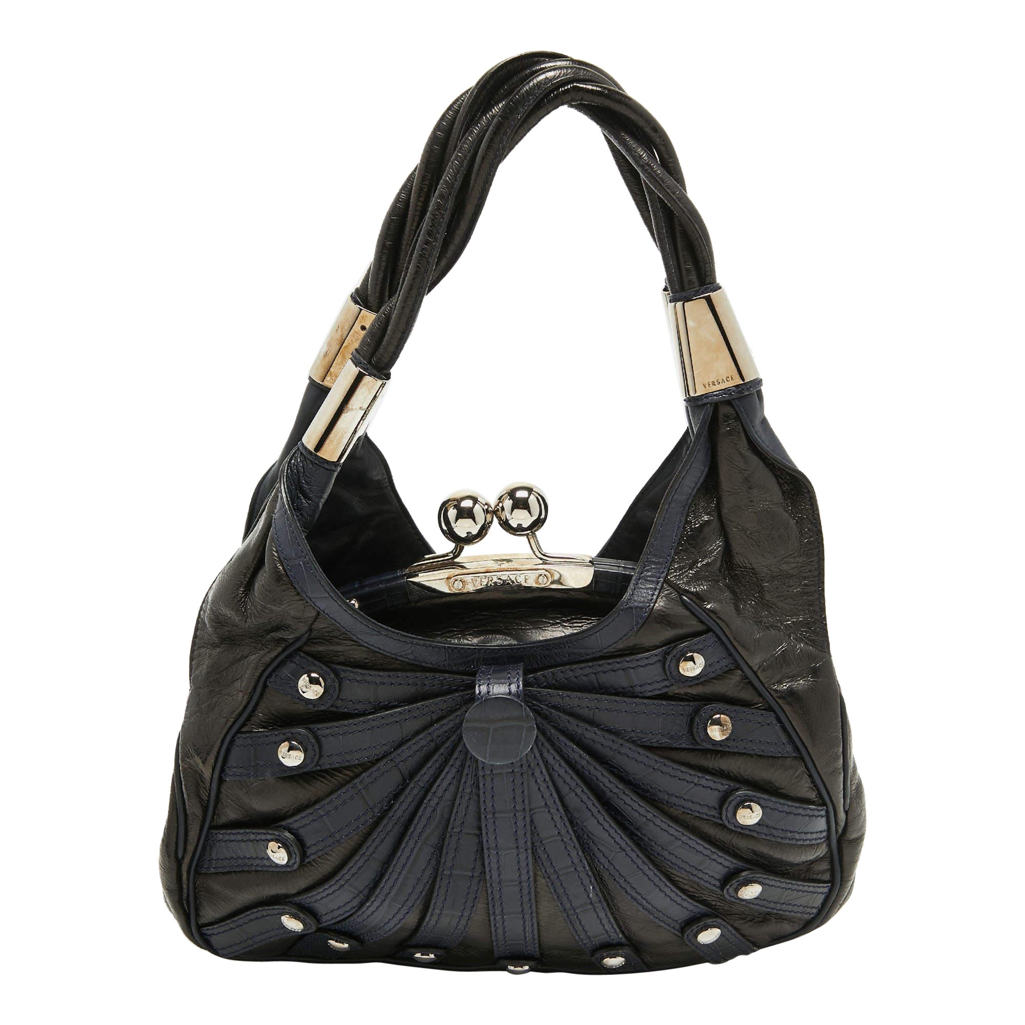 Versace Croc Embossed Leather and Glossy Leather Kiss Lock Satchel For Sale