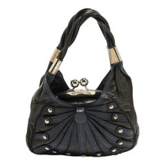 Versace Croc Embossed Leather and Glossy Leather Kiss Lock Satchel