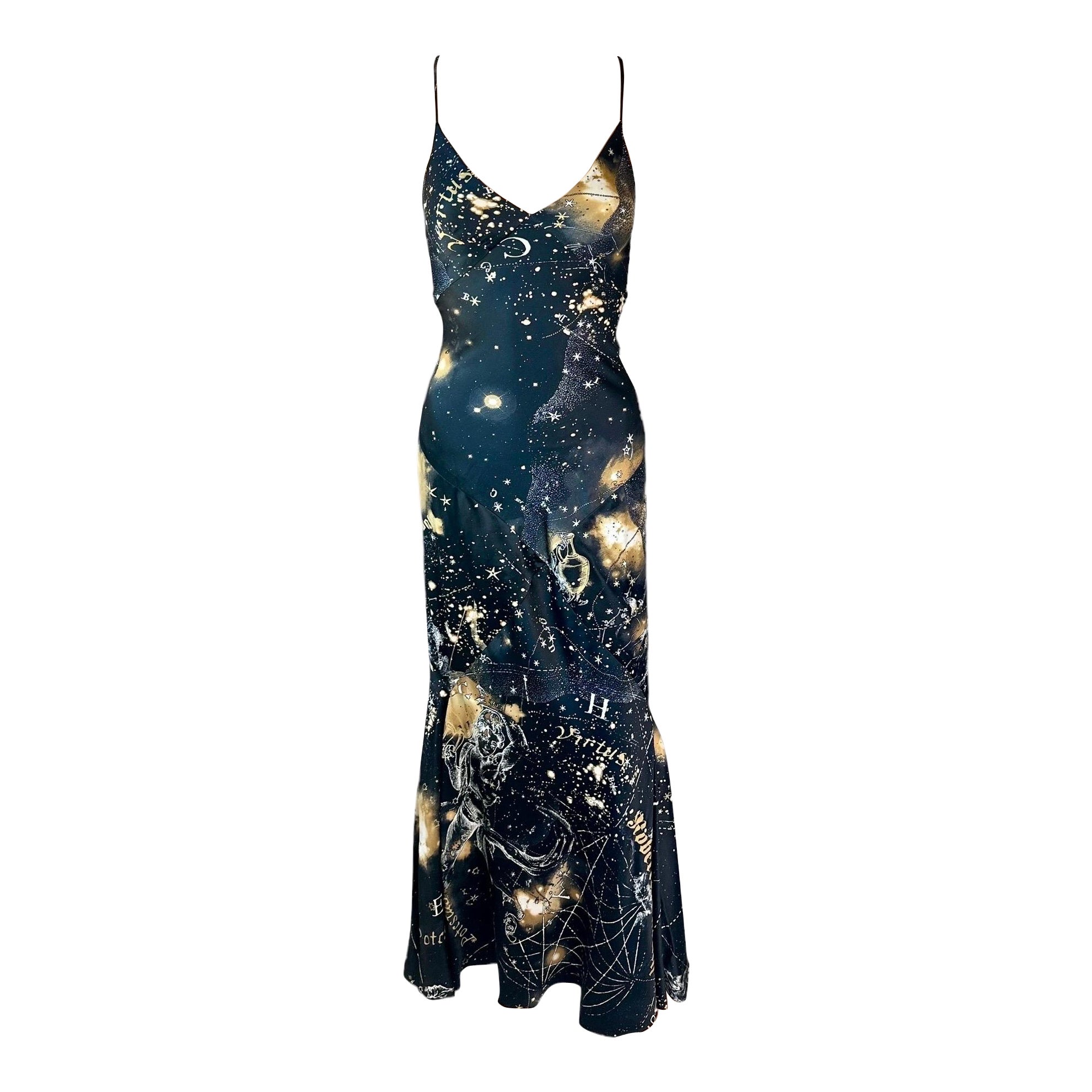 Roberto Cavalli F/W 2003 Constellation Print Slip Silk Evening Dress Gown For Sale
