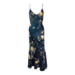 Roberto Cavalli F/W 2003 Constellation Print Slip Silk Evening Dress Gown