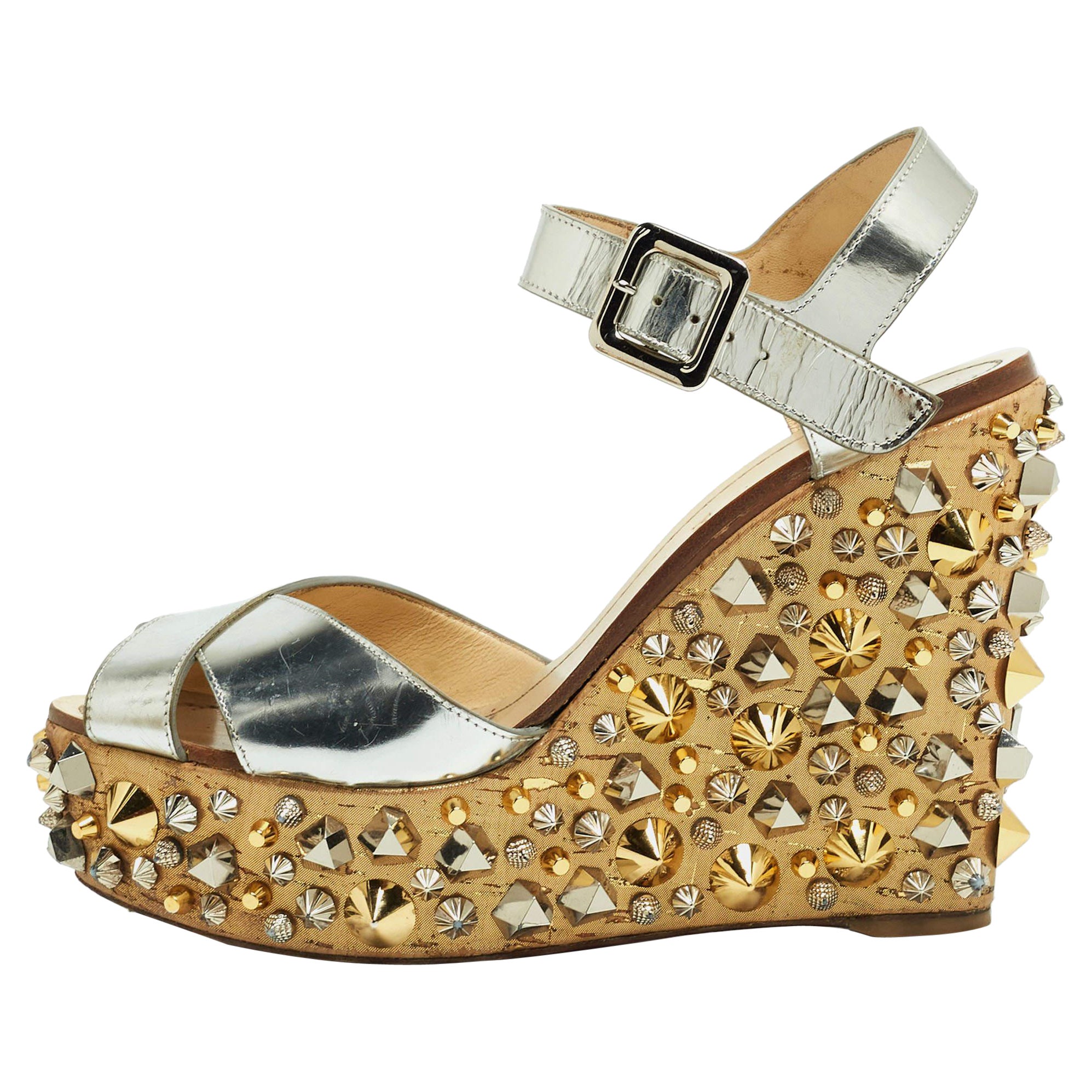 Christian Louboutin Silver Leather Almeria Wedge Sandals Size 37 For Sale