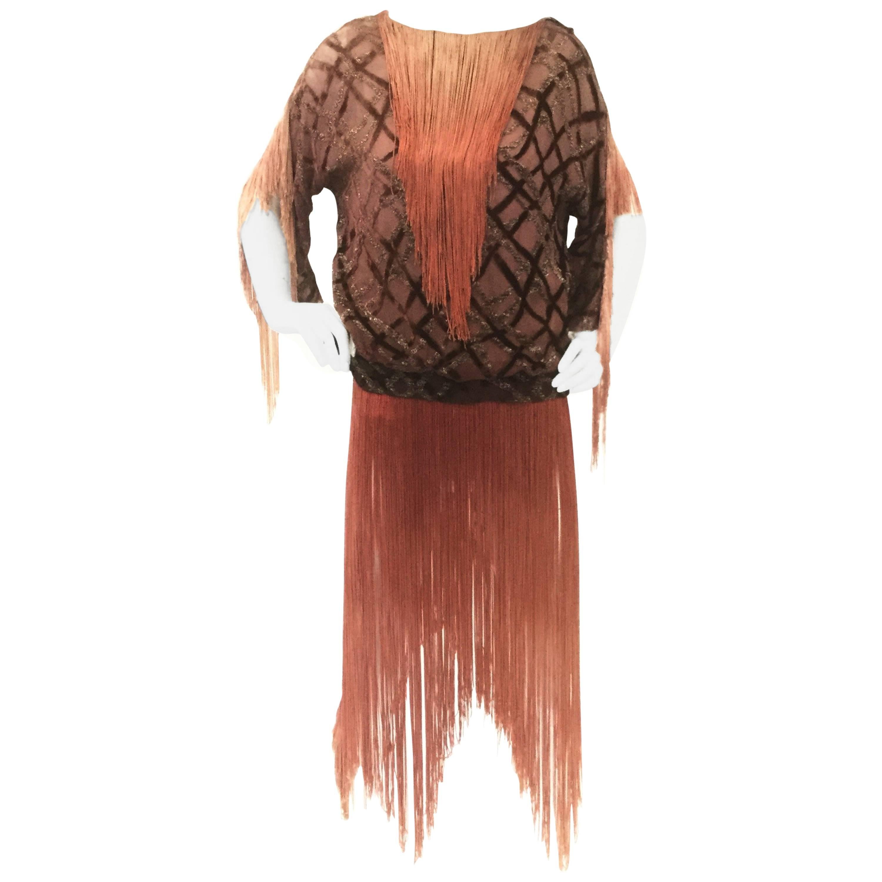Velvet Lattice Ombre Fringe Tassel Flapper Tunic Dress, 1920s  For Sale