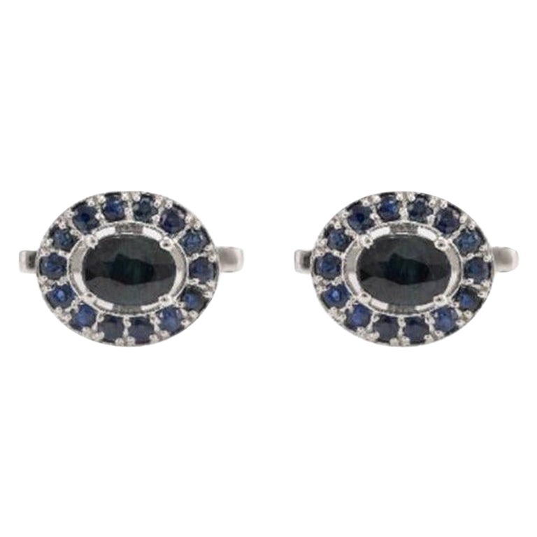 Handmade Classic Blue Sapphire Halo Cufflinks in 925 Sterling Silver For Sale