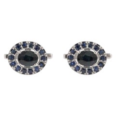 Vintage Handmade Classic Blue Sapphire Halo Cufflinks in 925 Sterling Silver