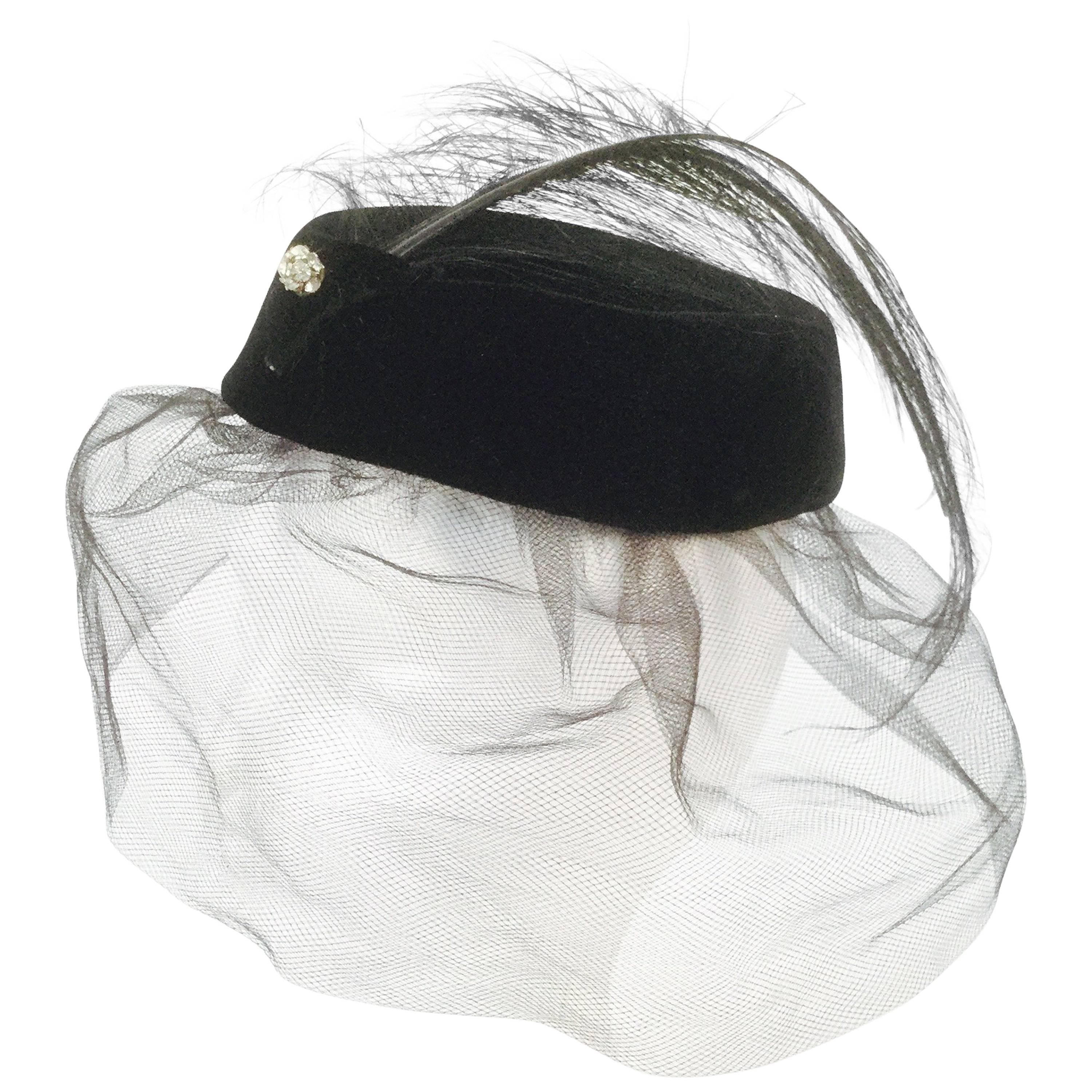 1950s Miss Sally Victor Velvet Rhinestone Feather Pillbox Hat For Sale