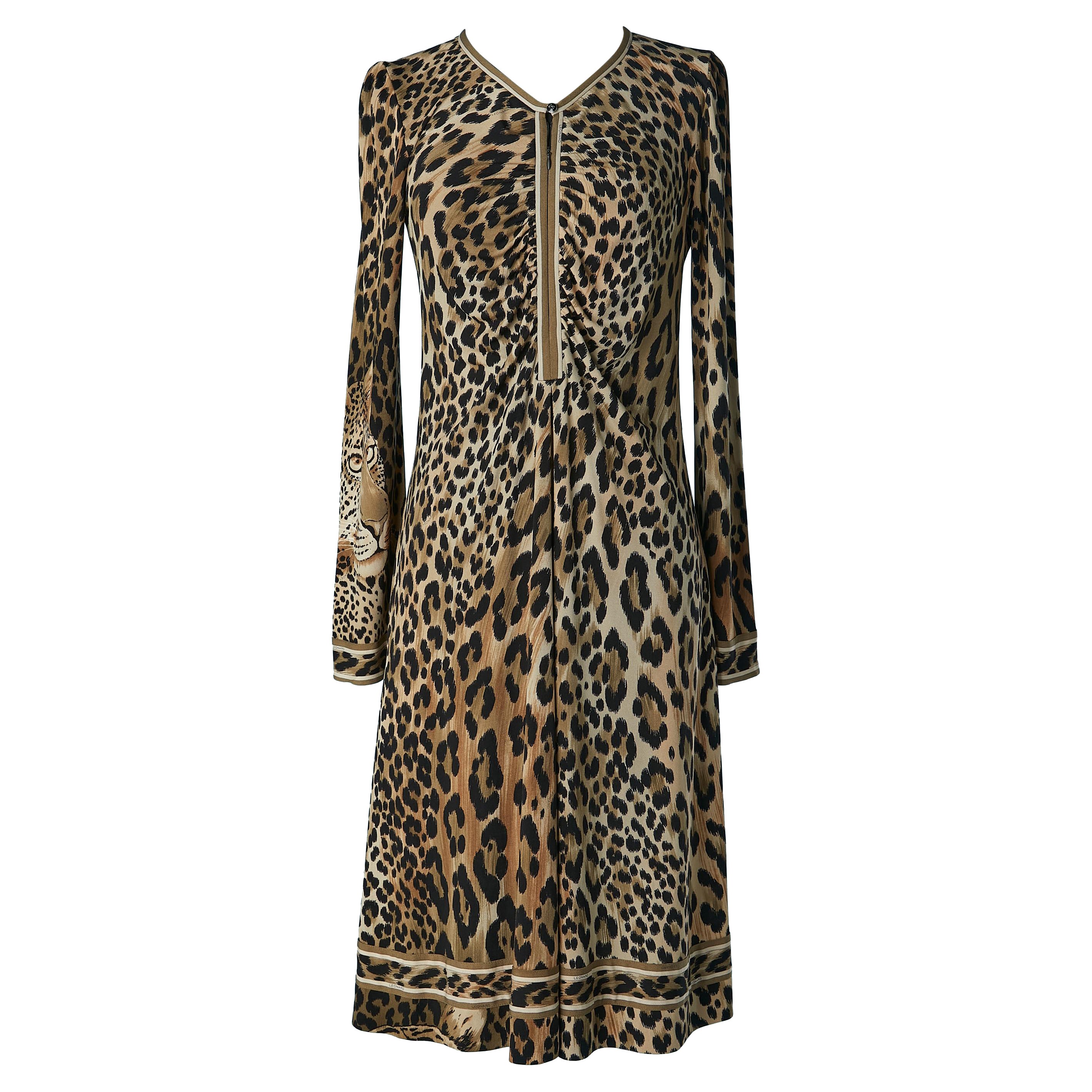 Silk jersey cocktail dress with leopard print Léonard Circa 2000 For Sale