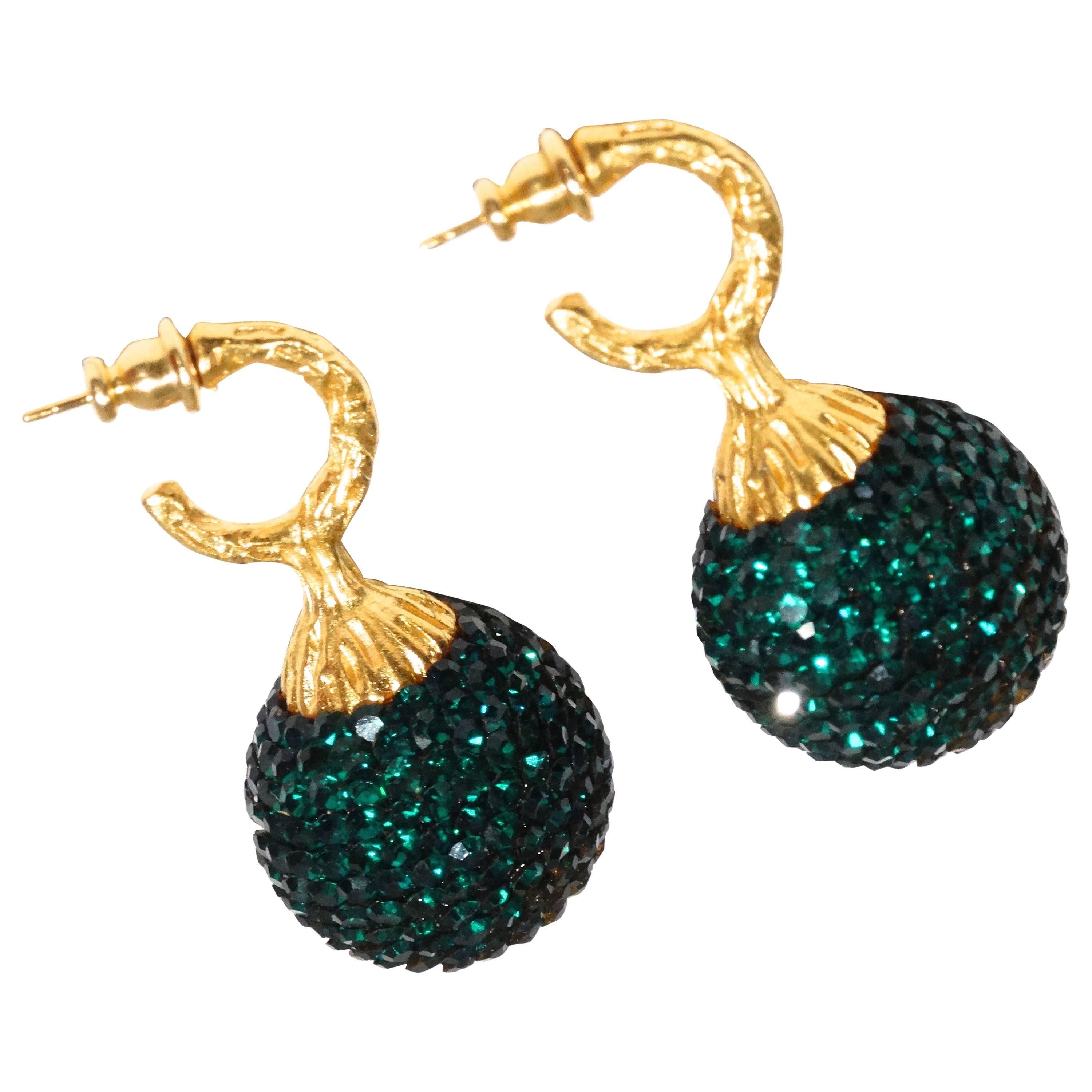 1990s Deanna Hamro Emerald Green Diamante Swaroski Crystal Ball Earrings 