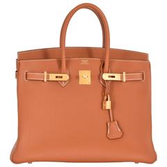 Hermes 35cm Birkin Bag Limited Edition Gold Togo Geranium Interior JaneFinds