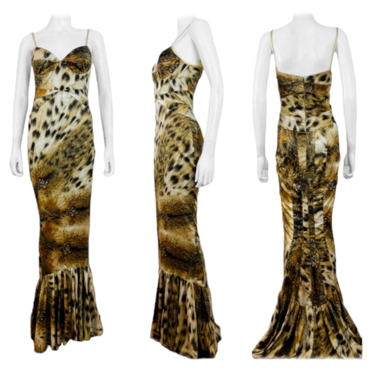 2000s Just Cavalli by Roberto Cavalli Satin Dress Gown
Incredible cheetah print stretch satin fabric
Thin metallic gold shoulder straps
Bras style fitted cup bust
Panel details on the bodice
Maxi length fitted skirt with flared mermaid hem
Open