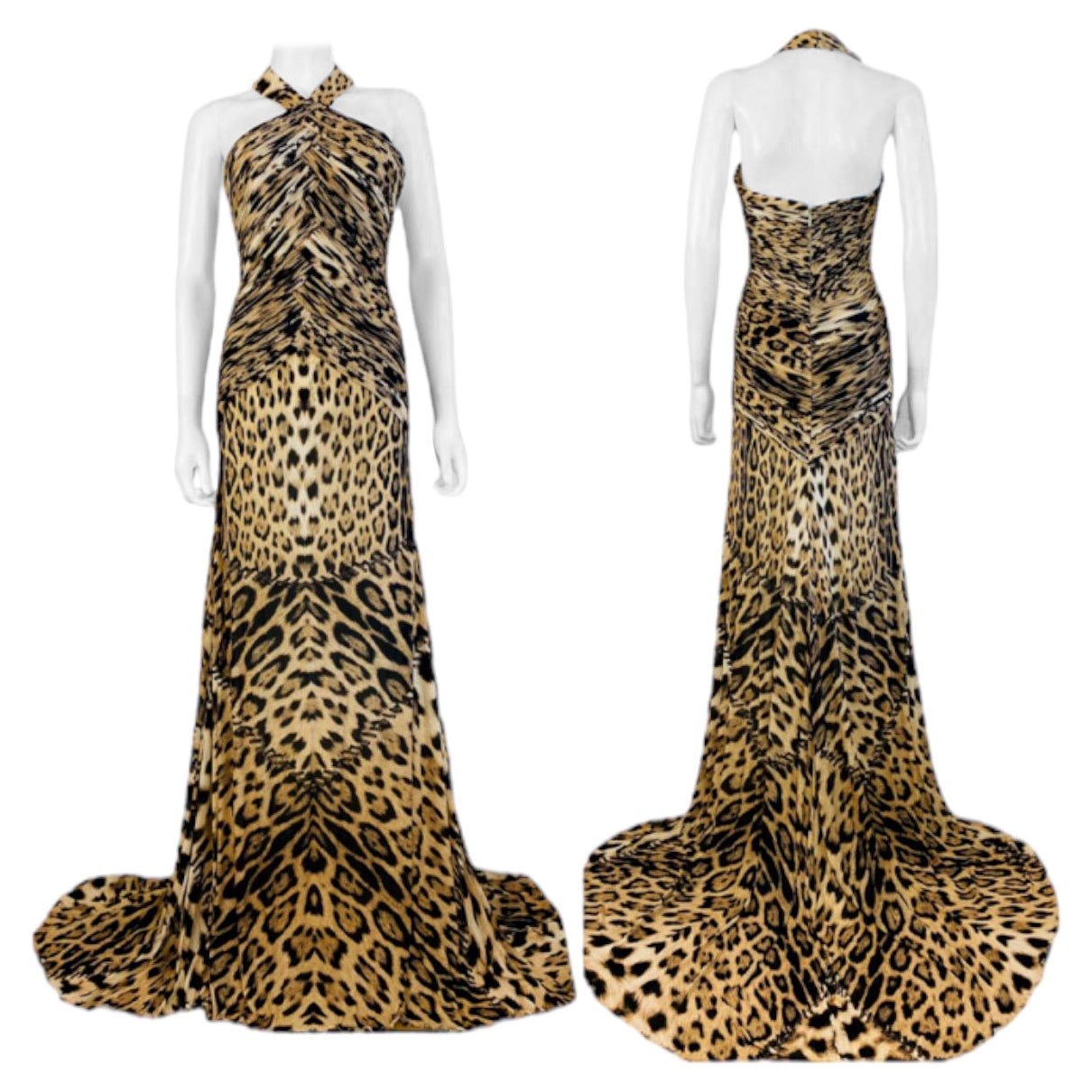 Fabulous 2000s Roberto Cavalli Leopard Dress
Stretch rayon + silk fabric in bold oversized leopard print with stitch details
Halter neckline
Fitted bodice with gathered fabric details
Long fitted skirt with flared hem + long train
Fully lined
Hidden