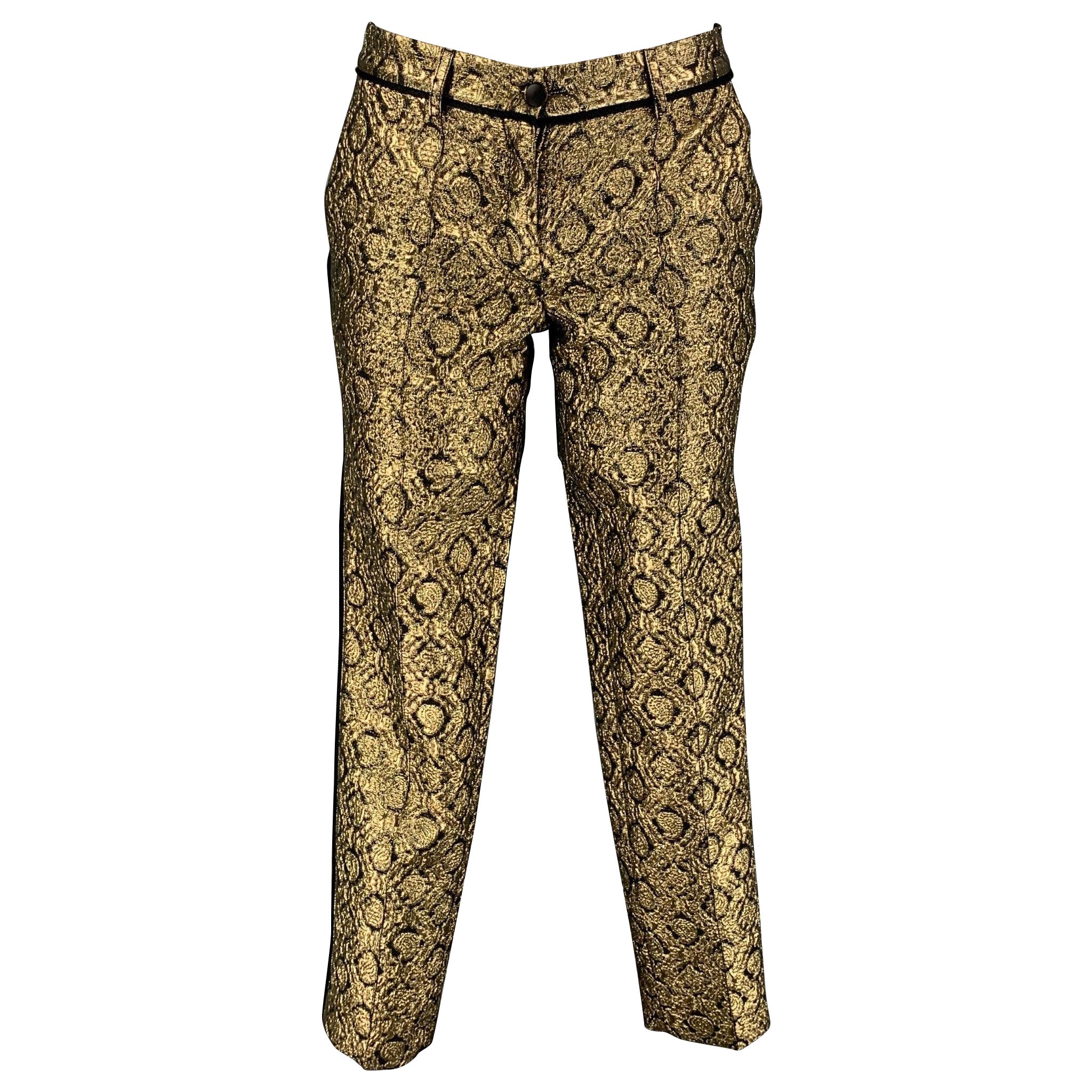 FAITH CONNEXION Size 2 Gold Black Polyester Blend Jacquard Tapered Dress Pants For Sale