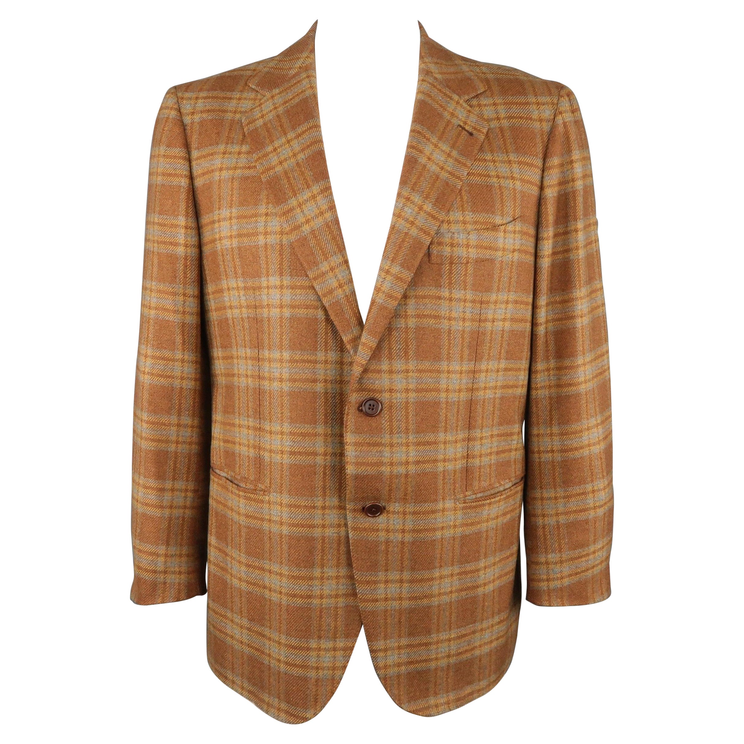 BORRELLI 44 Brown & Gold Plaid Cashmere Sport Coat For Sale