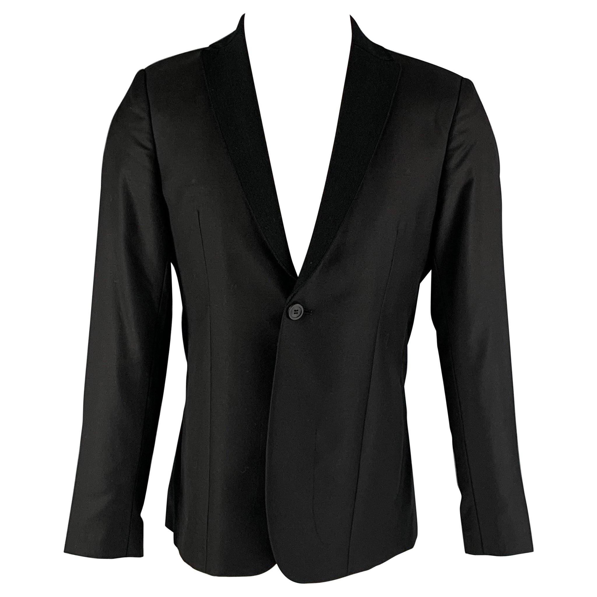 EMPORIO ARMANI Chest Size 38 Black Solid Wool Silk Notch Lapel Sport Coat For Sale