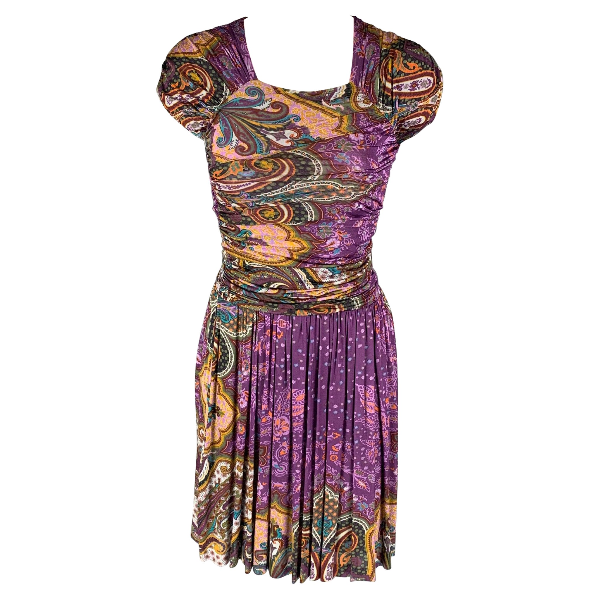 ETRO Size 4 Purple Multi-Color Viscose Paisley Sleeveless Dress For Sale
