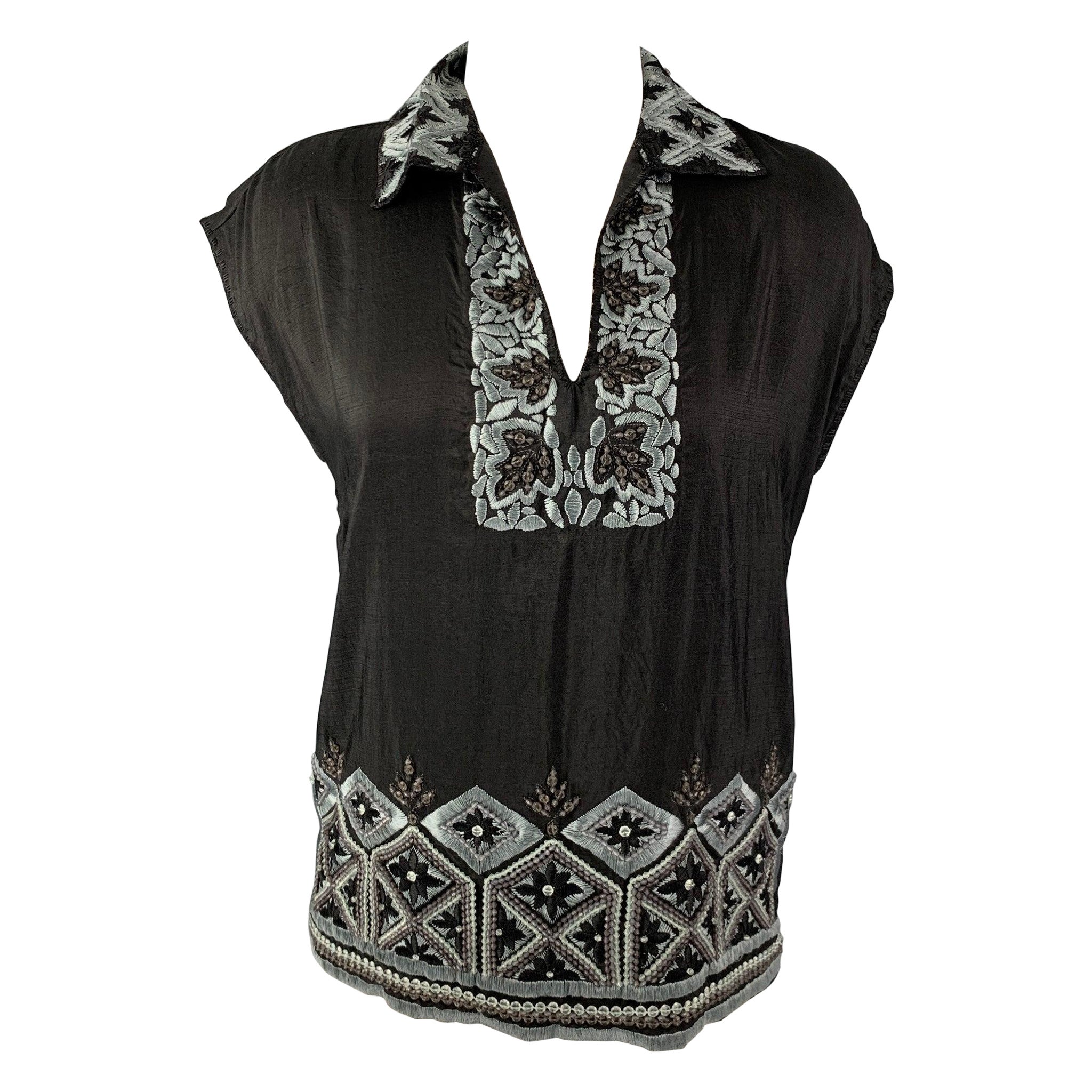 DRIES VAN NOTEN Size 4 Black & Blue Silk Embroidered Sleeveless Dress Top For Sale