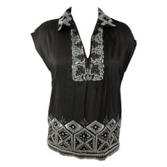 DRIES VAN NOTEN Size 4 Black & Blue Silk Embroidered Sleeveless Dress Top