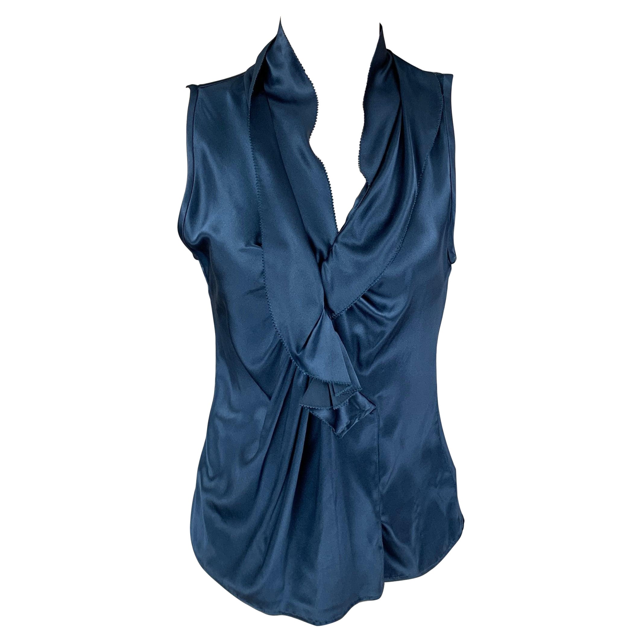 ETRO Size 4 Blue Silk Ruffled Sleeveless Dress Top en vente