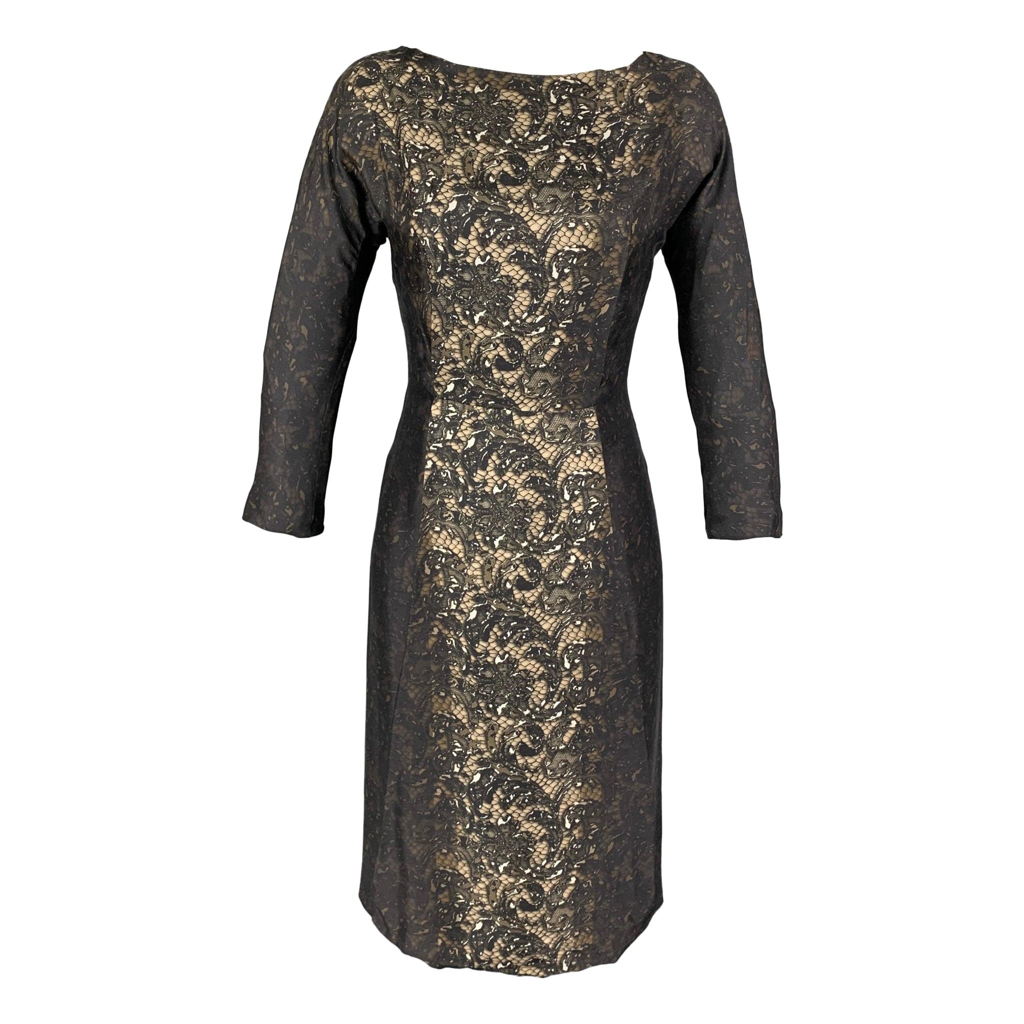 PRADA Size 2 Black Brown Silk Lace Print 3/4 Sleeves Dress For Sale