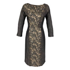 PRADA Taille 2 Robe à manches 3/4 en dentelle imprimée en soie noire et brune