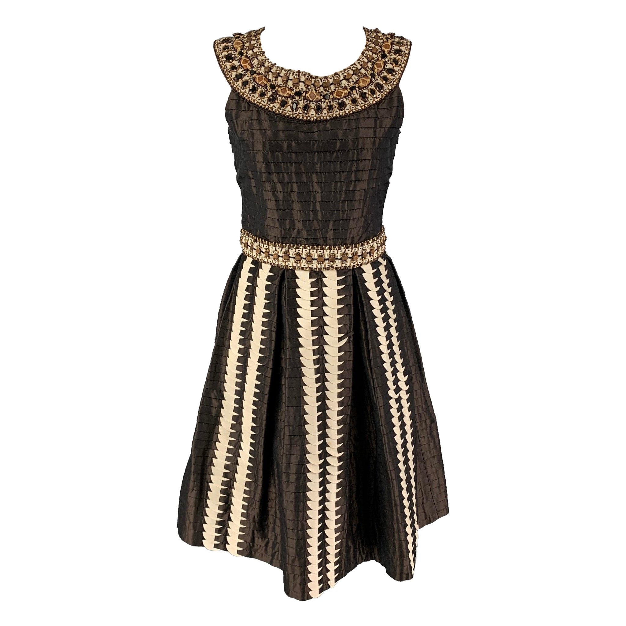 OSCAR DE LA RENTA SS08 Size 6 Brown Silk Pleated A-Line Dress For Sale