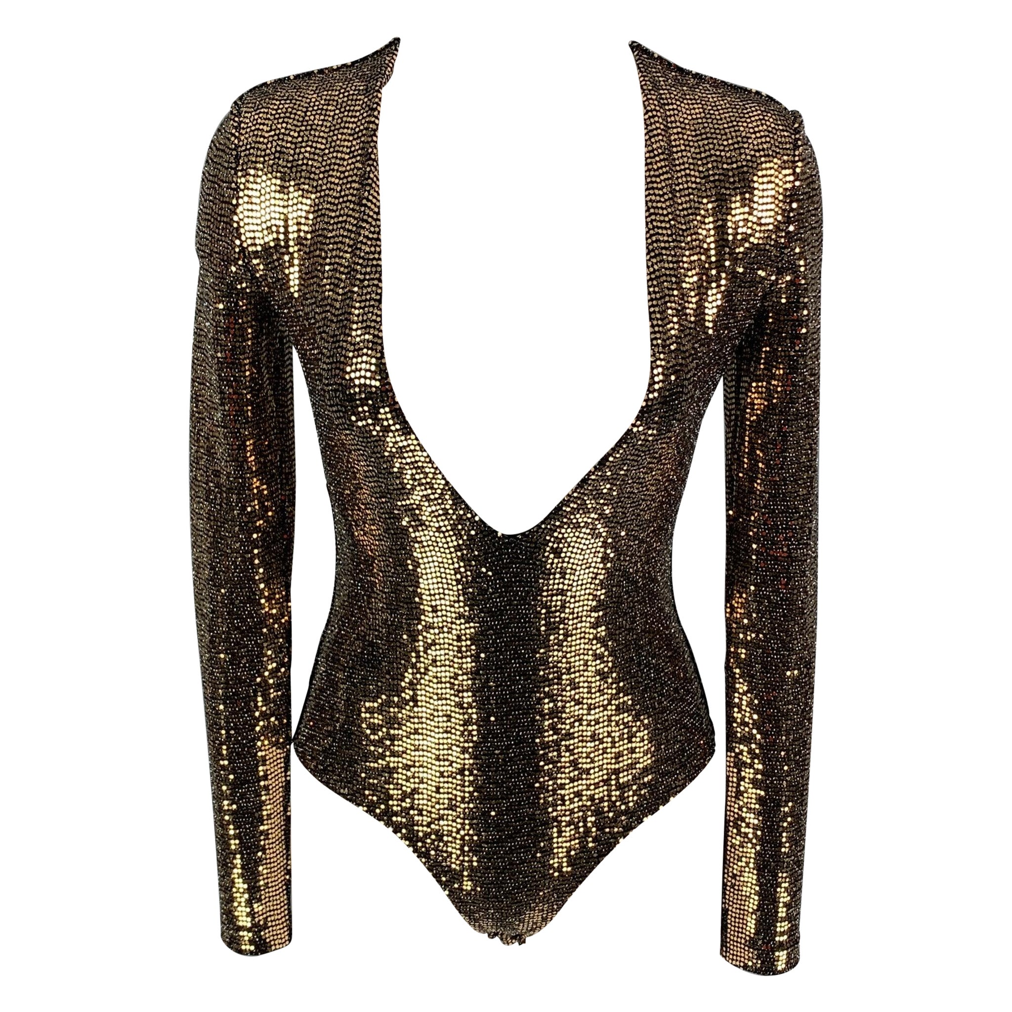 GUCCI Size S Gold Black Polyamide Blend Metallic Body Suit Dress Top For Sale