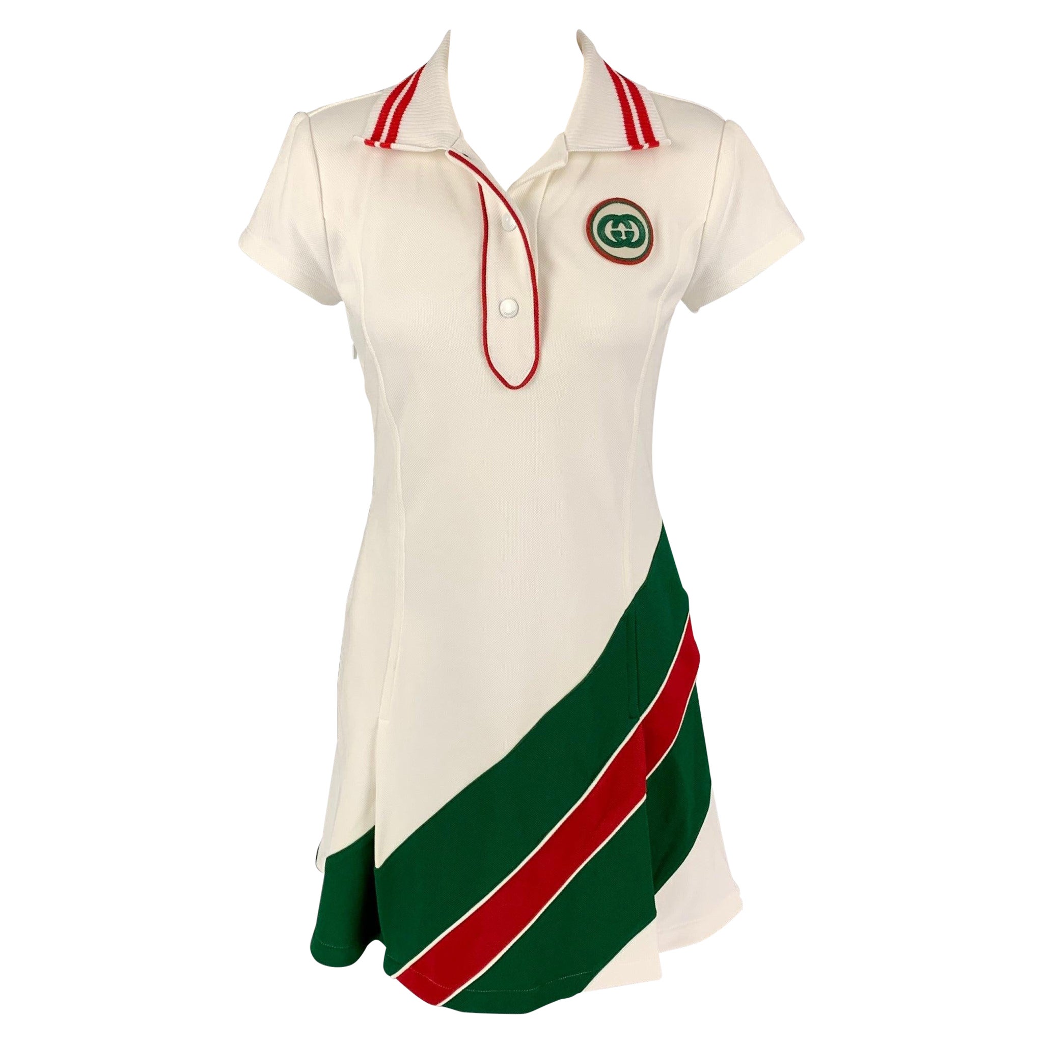 GUCCI Size XS White Green Polyamide Blend Web Stripe Mini Dress For Sale