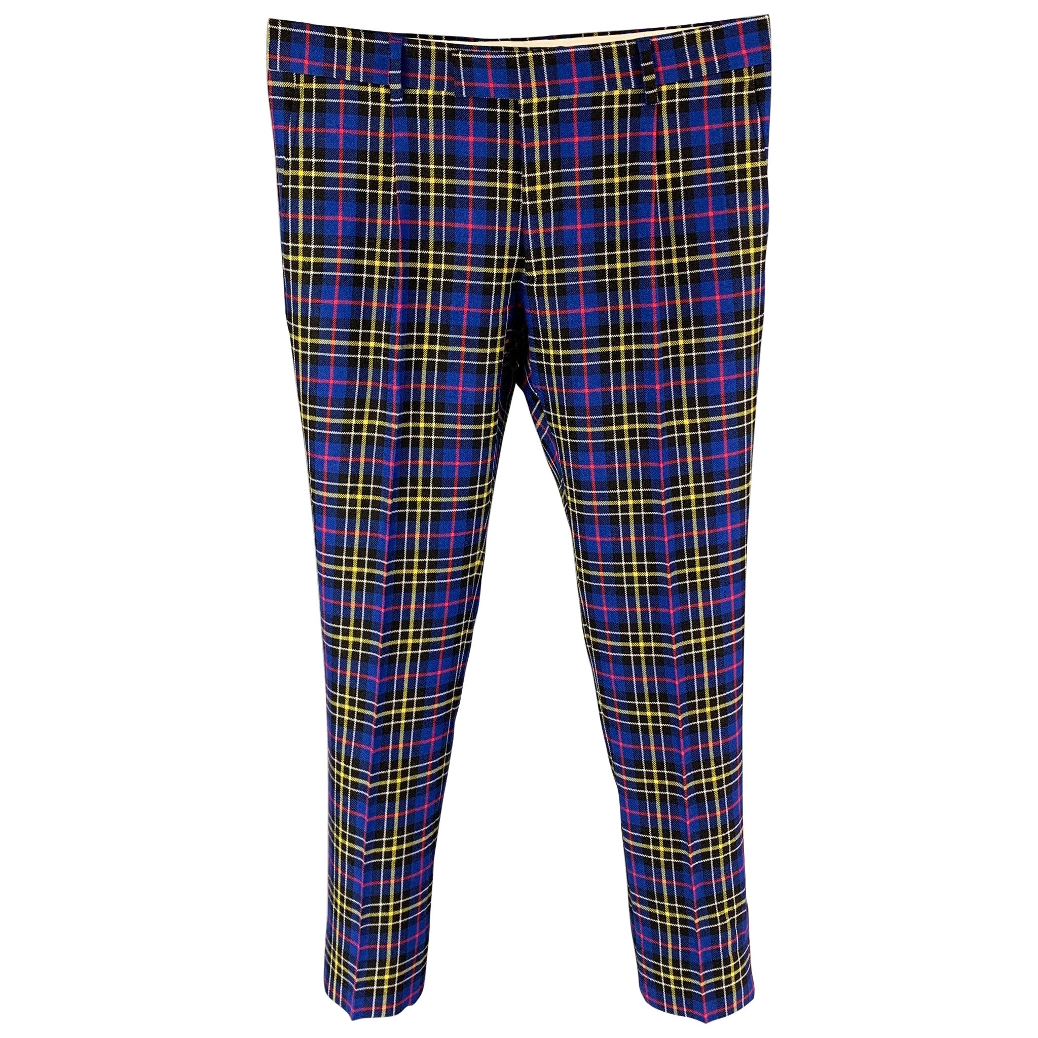 BURBERRY Size 34 Blue Multi-Color Plaid Wool Zip Fly Dress Pants For Sale