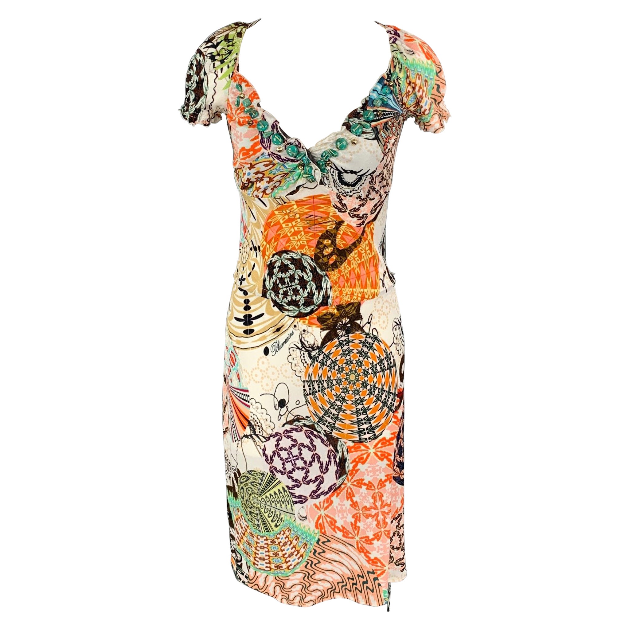 BLUMARINE Size 2 Multi-Color Acetate Blend Abstract Short Sleeve Dress