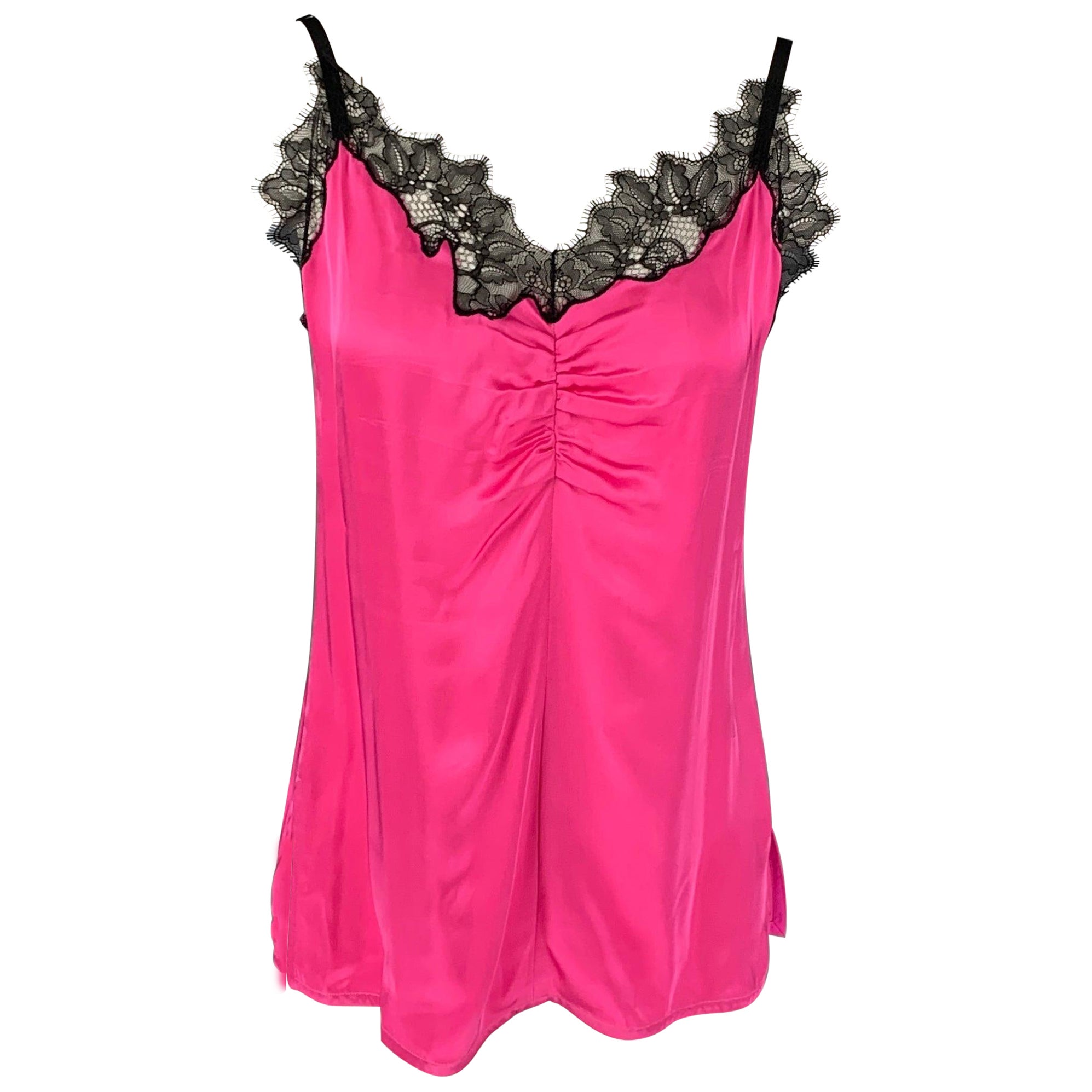 HELMUT LANG Size M Pink Black Lace Viscose Slip Dress Top For Sale