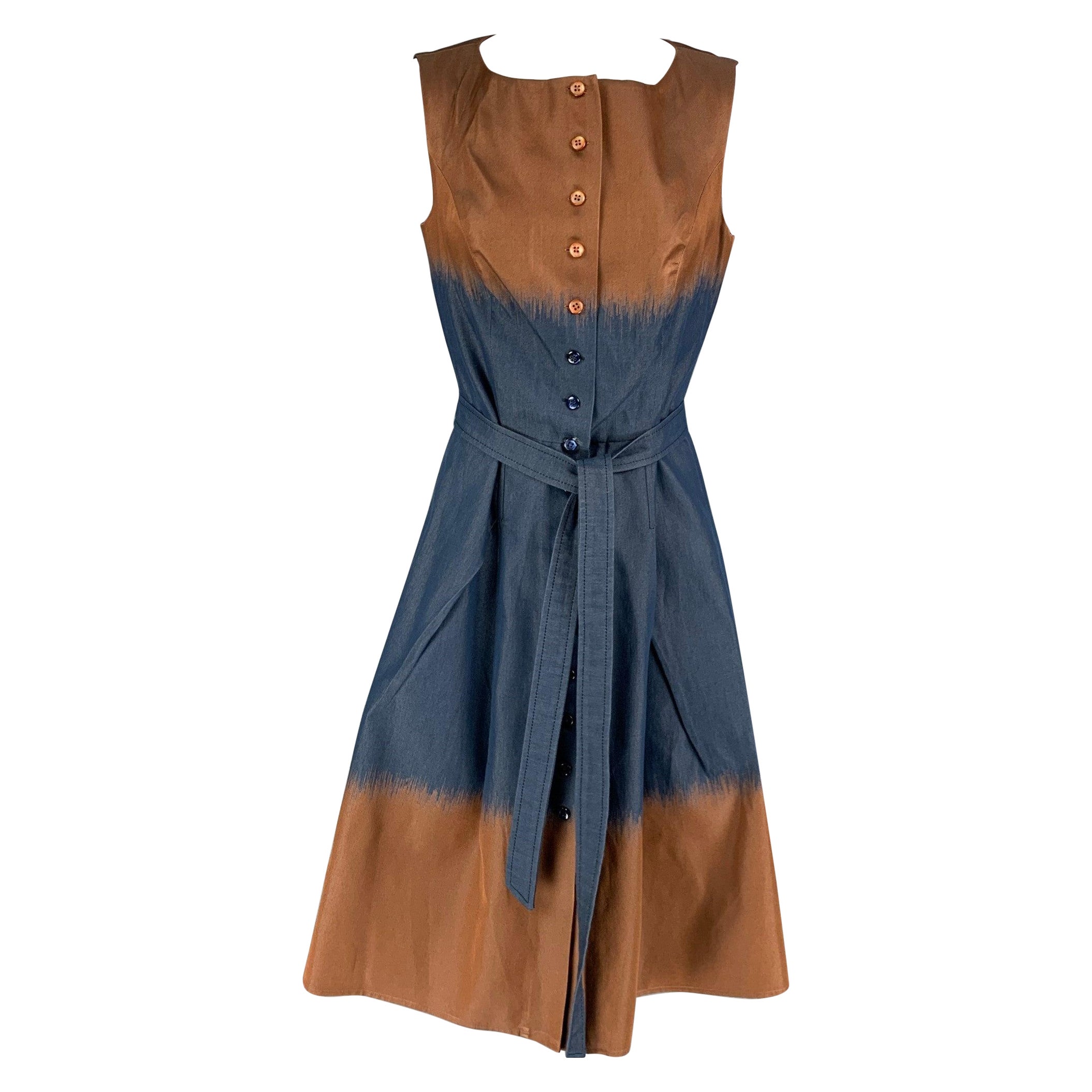 CAROLINA HERRERA Size 8 Navy Brown Cotton Blend Ombre Sleeveless Dress For Sale