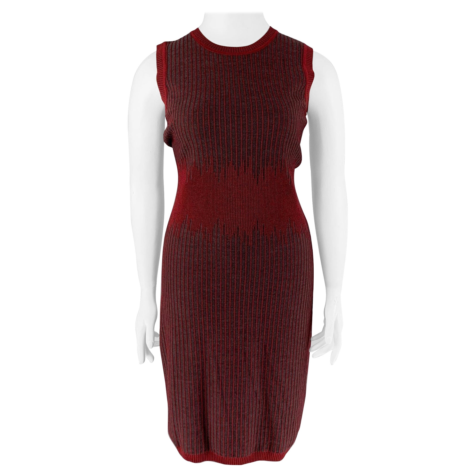 CAROLINA HERRERA Size L Burgundy Grey Wool Stripe Sheath Dress For Sale