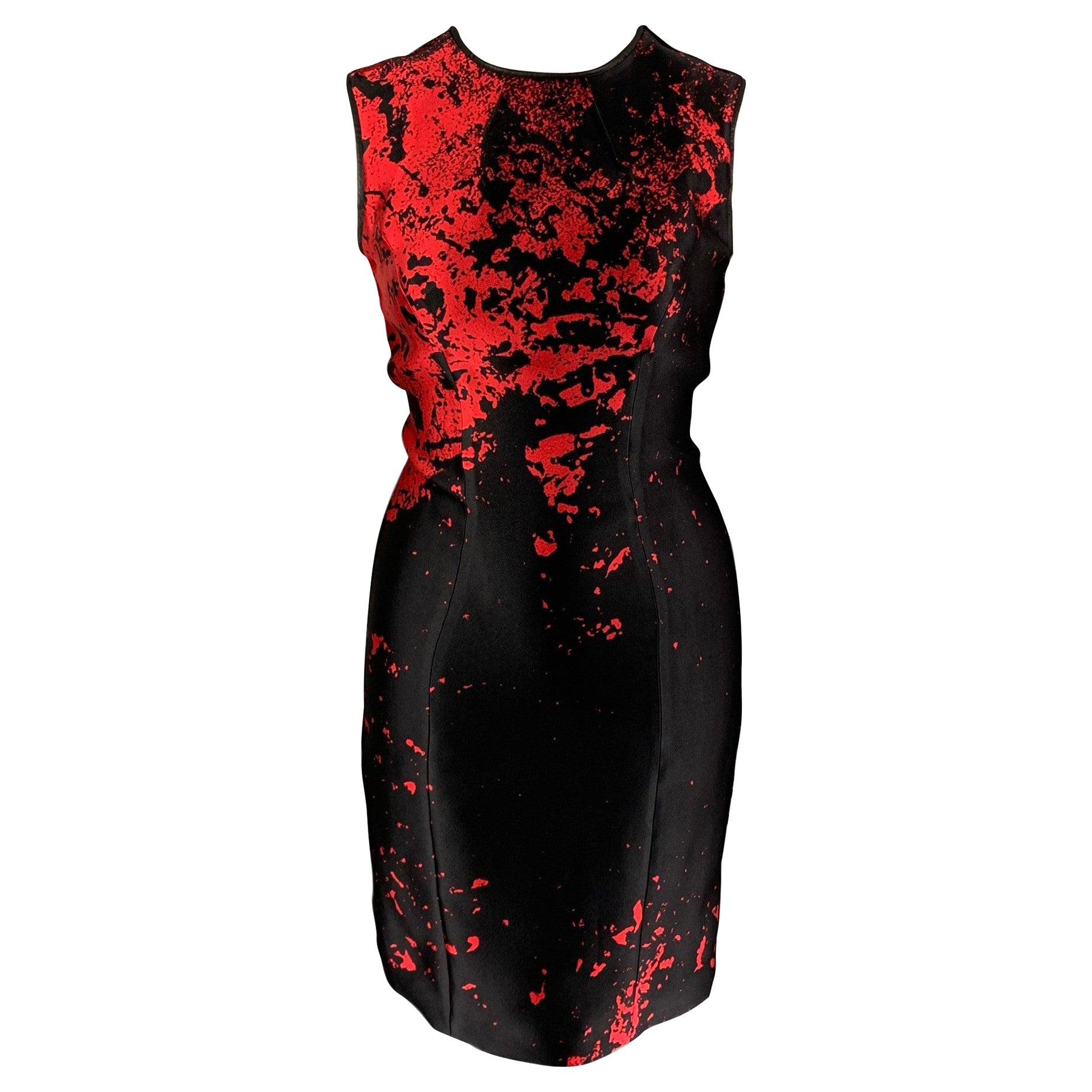 MONIQUE LHUILLIER Size 10 Red Black Wool Lycra Abstract Sheath Dress For Sale