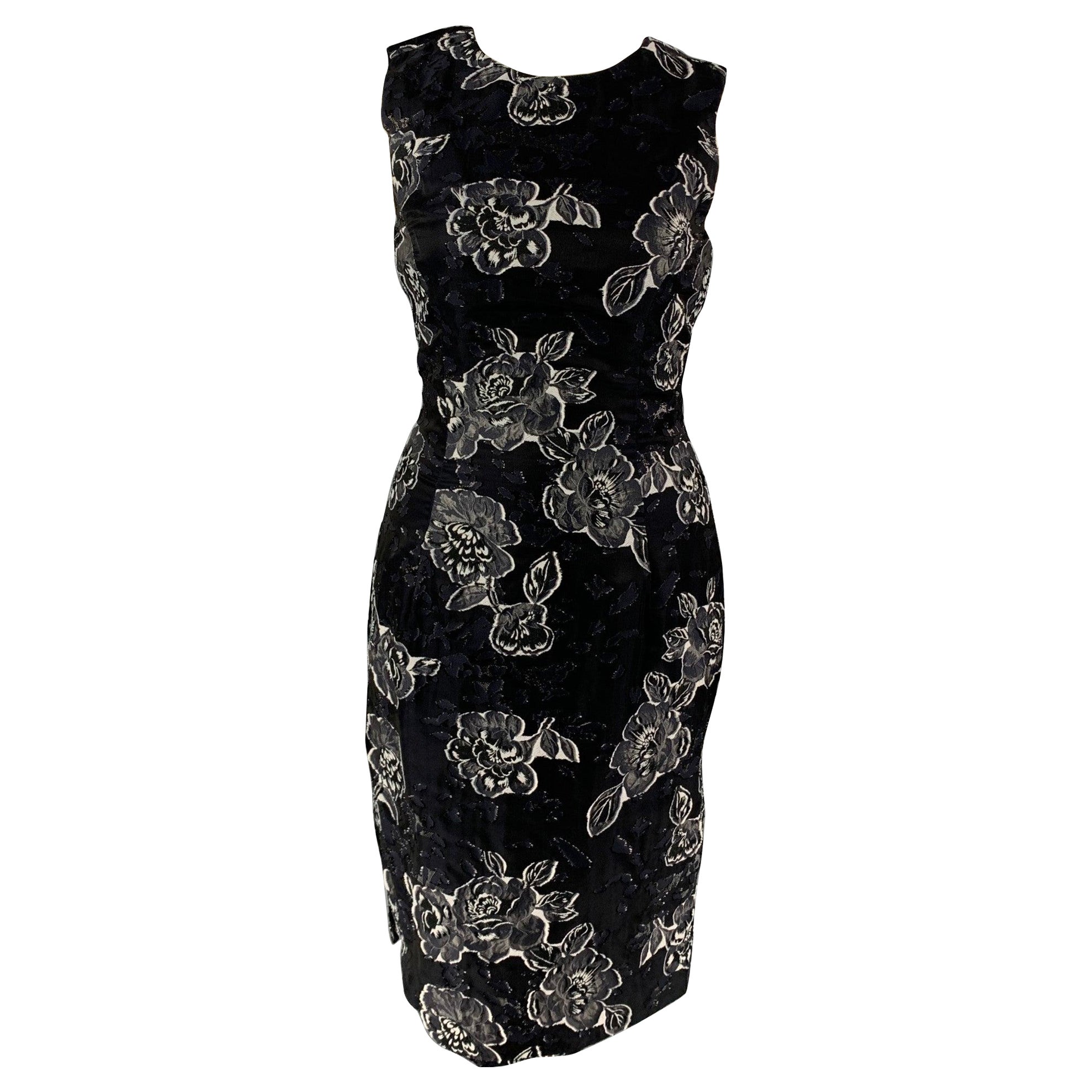PRABAL GURUNG Size 10 Black Navy Silk Polyester Floral Sleeveless Dress For Sale