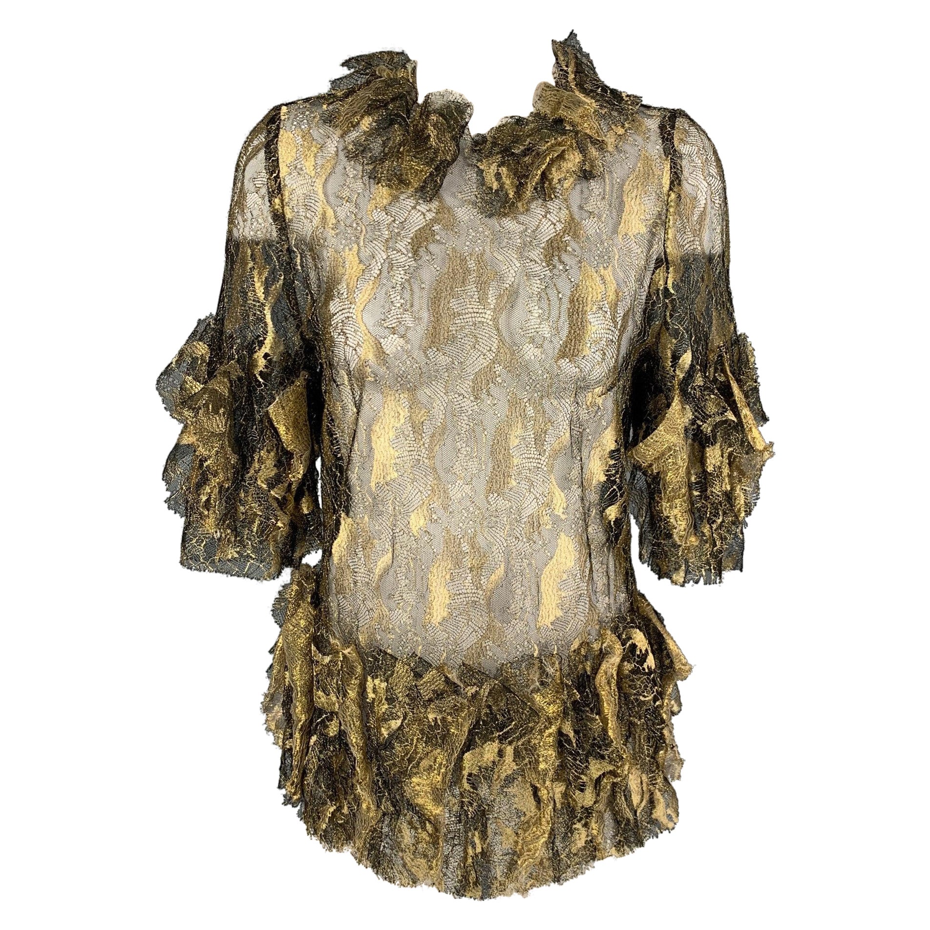 RODARTE Size 8 Gold Black Polyamide Blend 3/4 Sleeves Dress Top For Sale