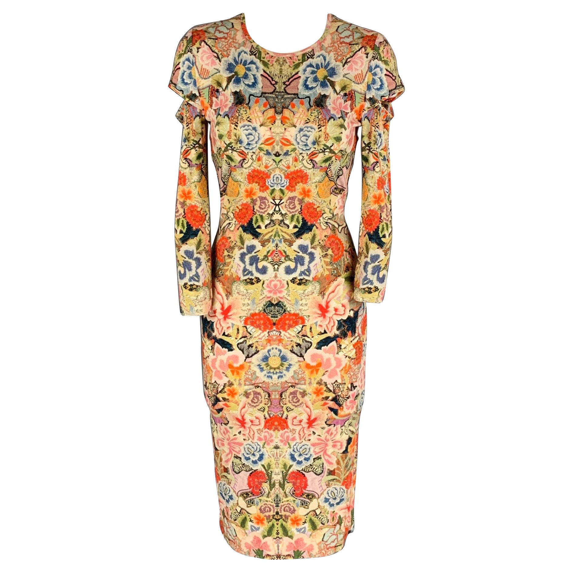ALEXANDER MCQUEEN Size 4 Multi-Color Abstract Floral Rayon Long Sleeve Dress For Sale