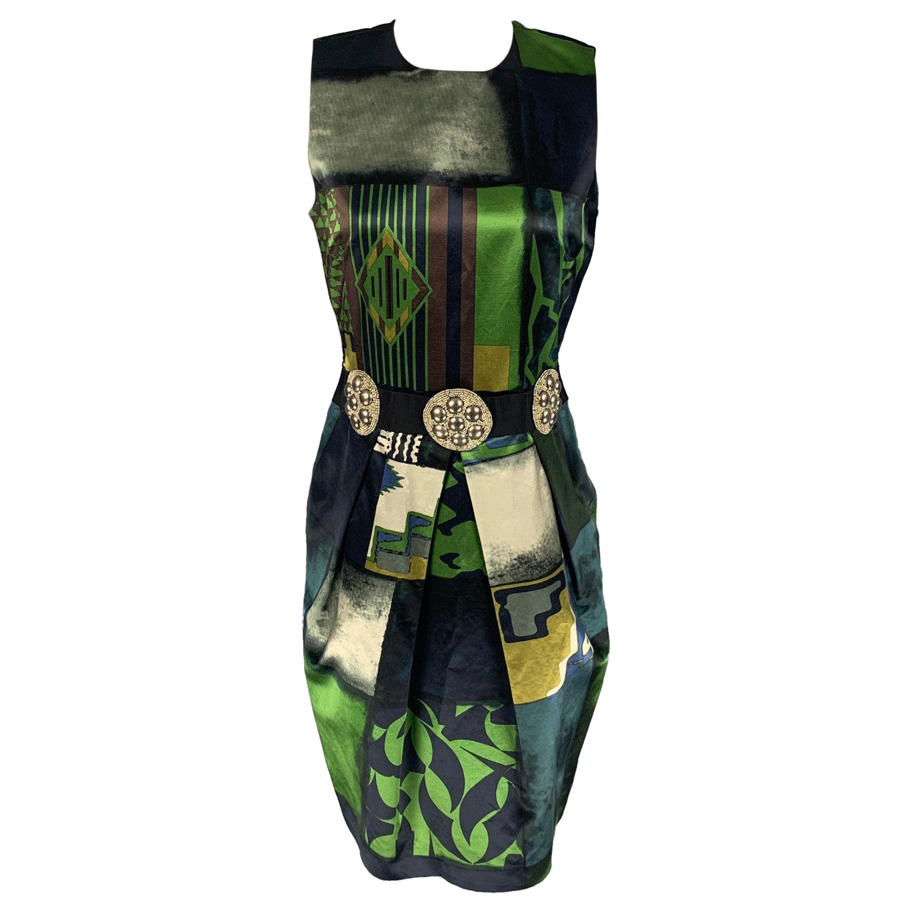 ETRO Size 6 Green Black Cotton Viscose Abstract Sleeveless Dress For Sale