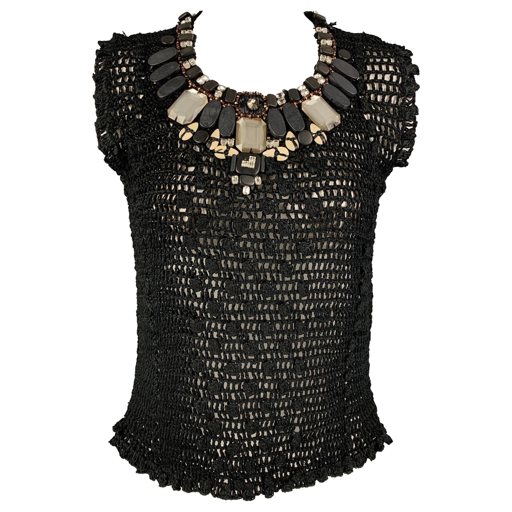 OSCAR DE LA RENTA SS 08 Size S Black Silk Beaded Crystal Dress Top