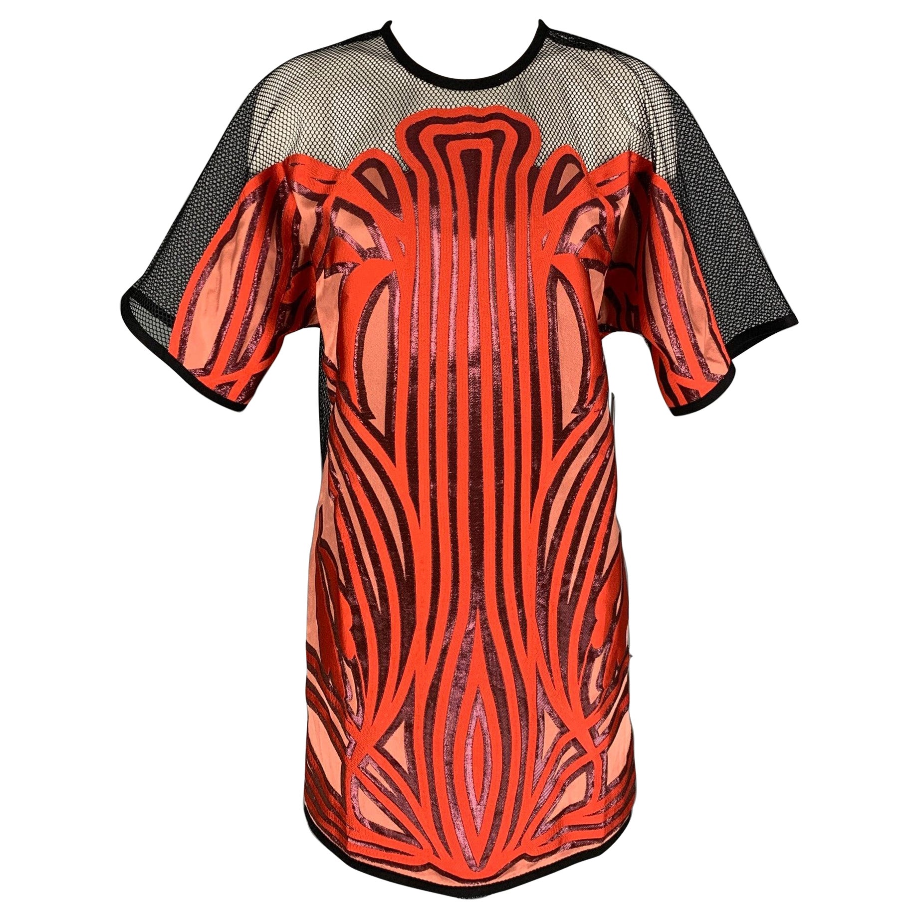 GUCCI 2014 Größe 4 Schwarz Orange Seidenmischung Applique Kurzarm Kleid Top im Angebot