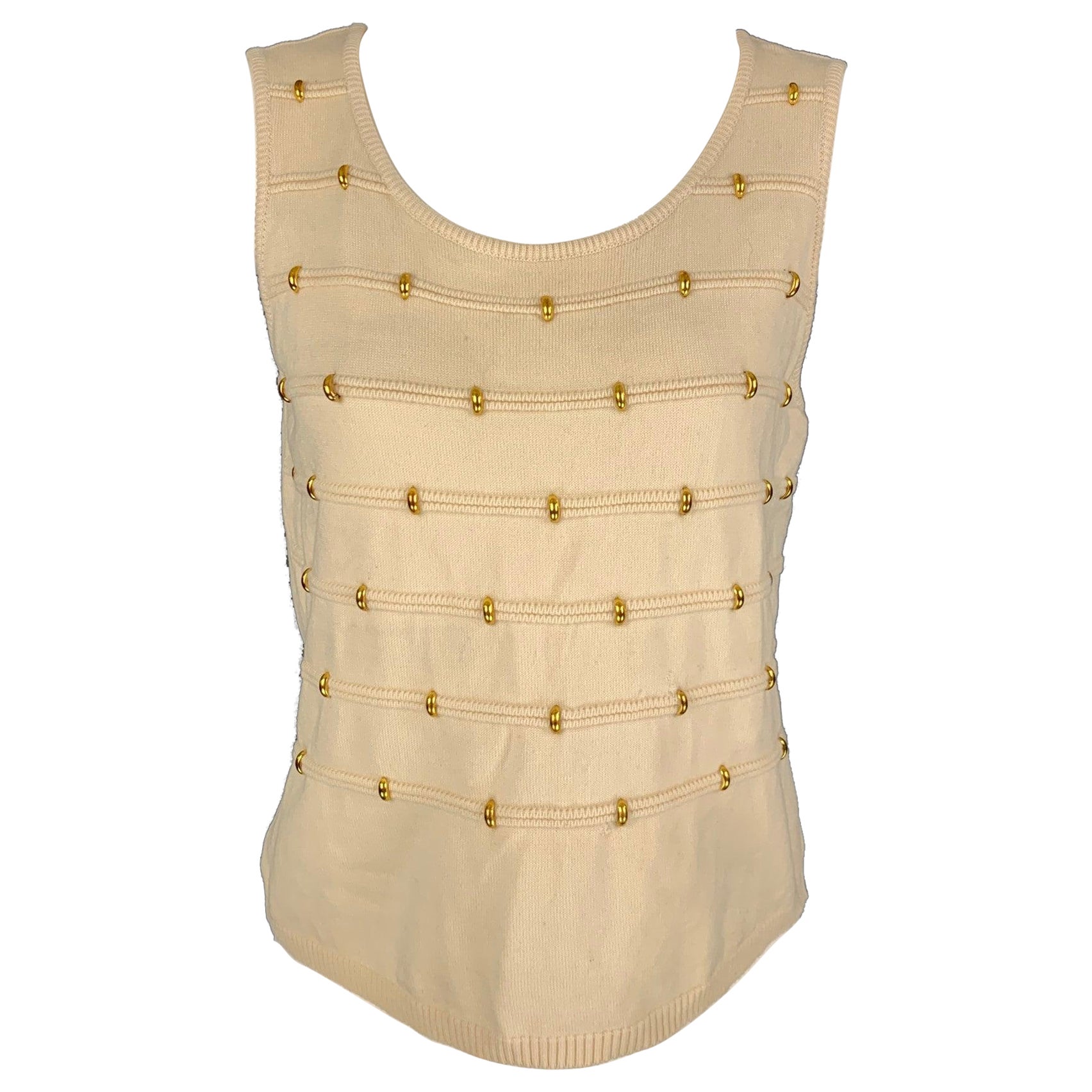 ESCADA Size 8 Cream Gold Wool Studded Sleeveless Dress Top For Sale